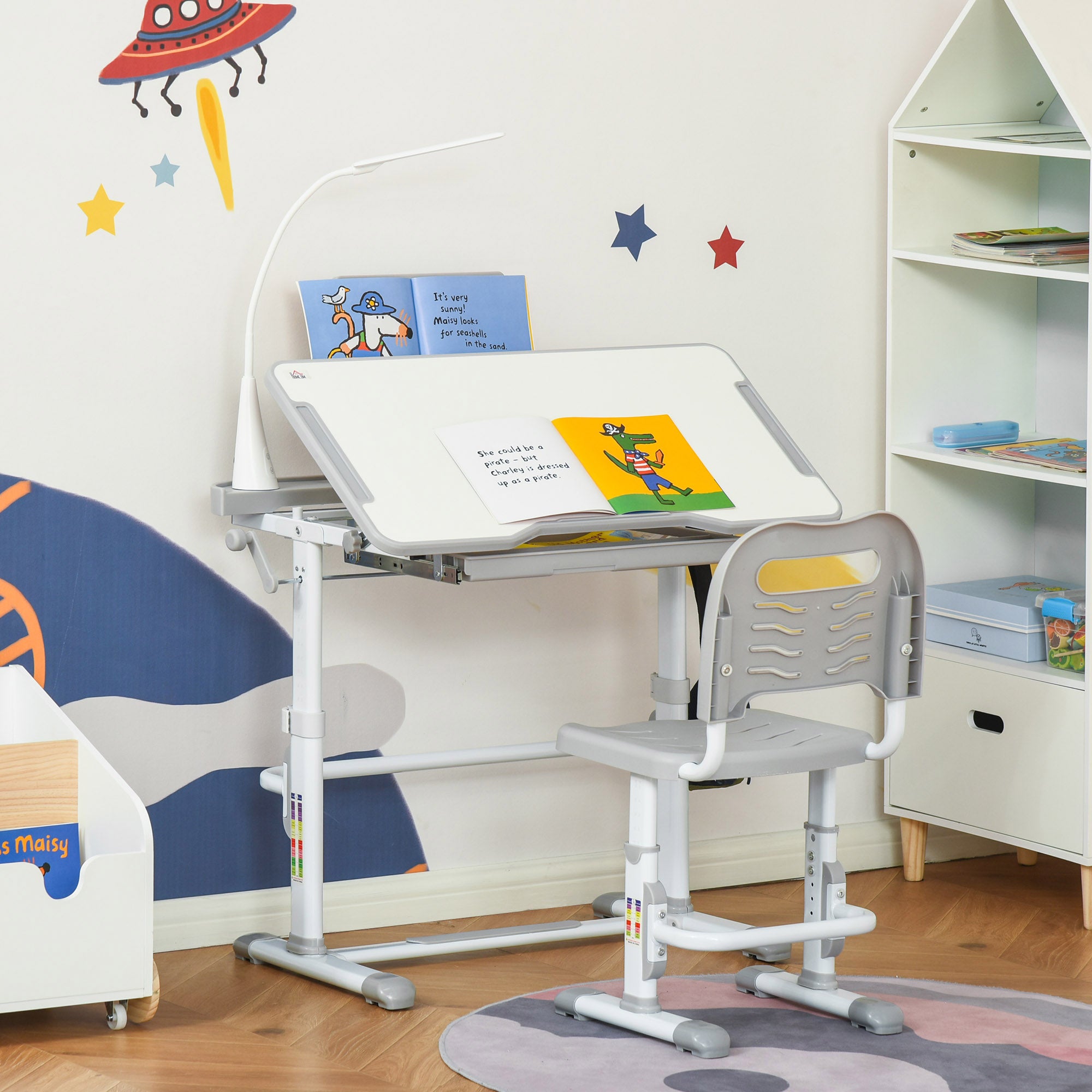 Secretária e Cadeira Infantil Cinzenta com Altura Ajustável 80x49,5x80-105 cm