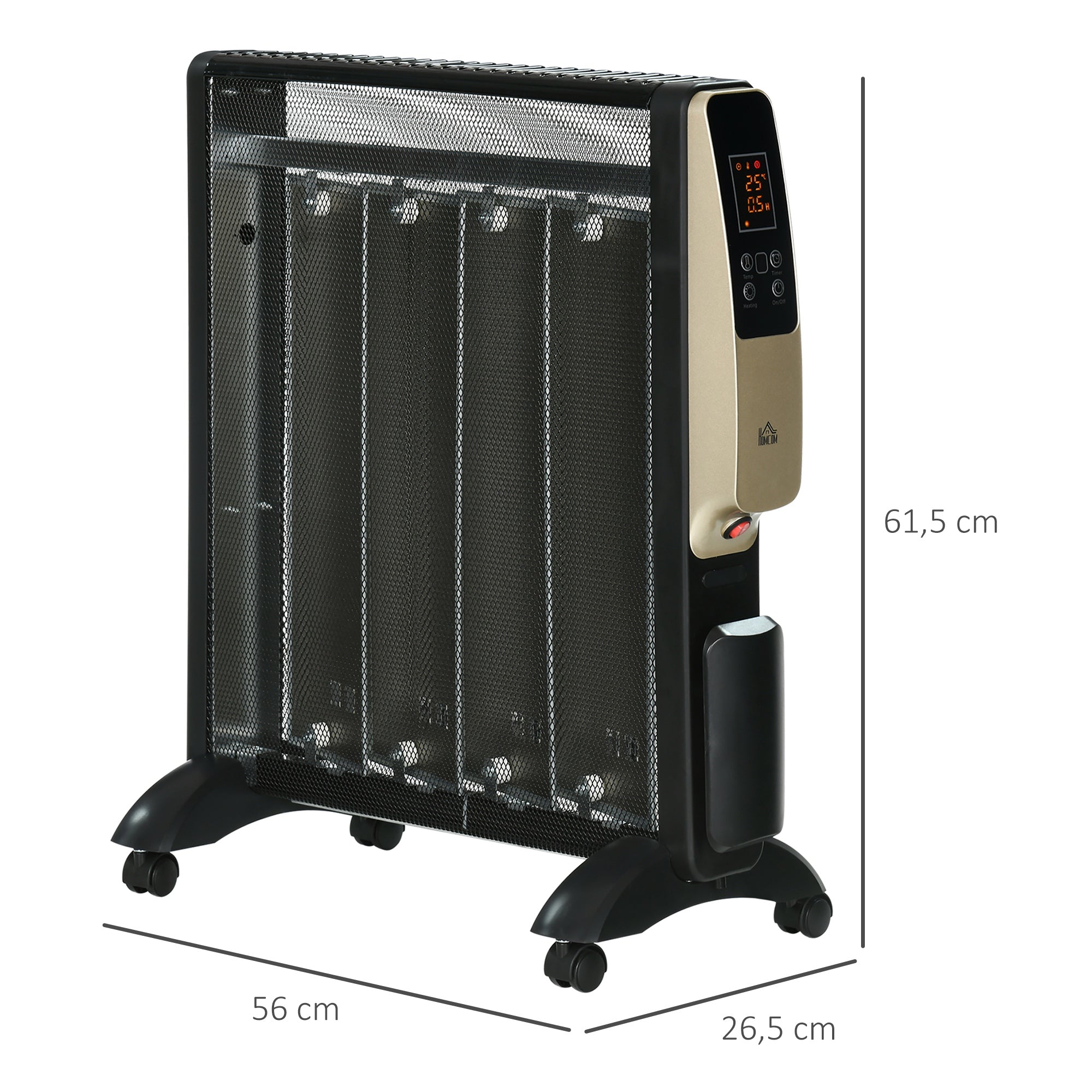 Aquecedor Elétrico 1000/2000W com Painel de Mica Ecrã LED Controlo Remoto Termostato Temporizador 56x26,5x61,5cm Preto
