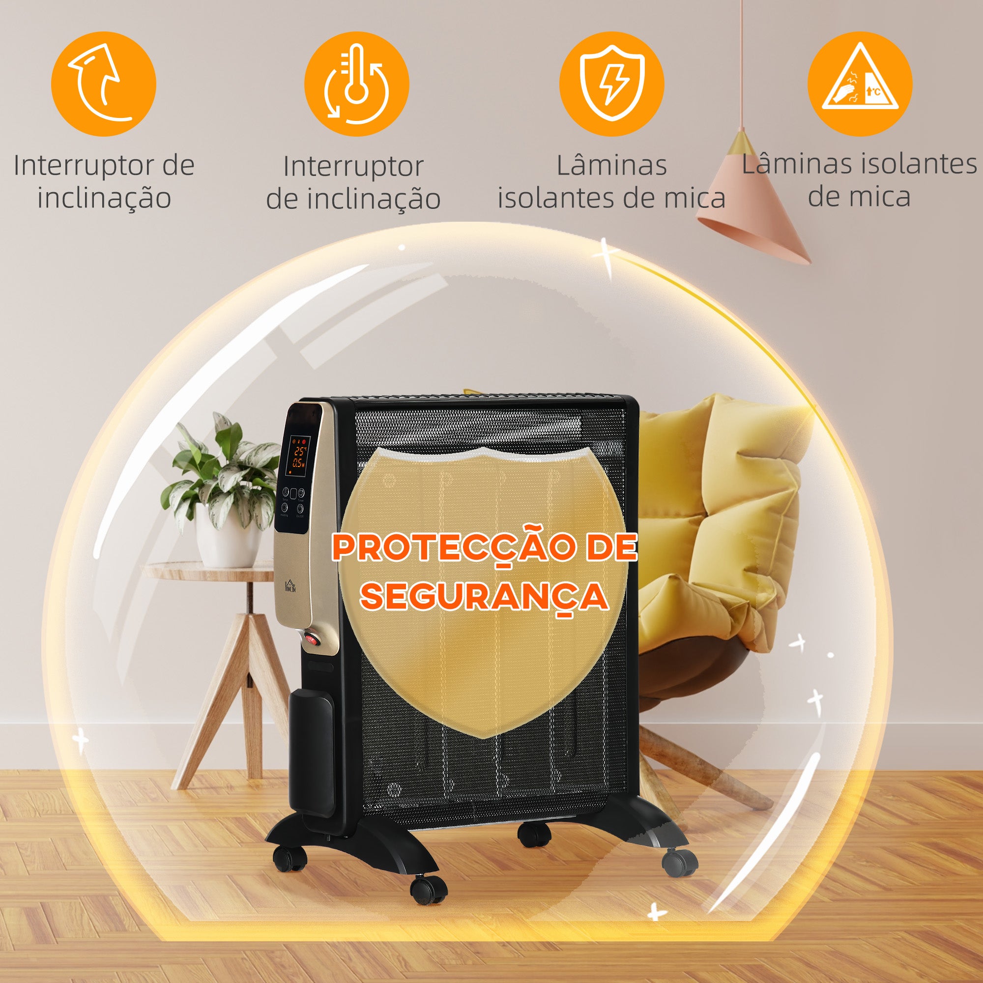 Aquecedor Elétrico 1000/2000W com Painel de Mica Ecrã LED Controlo Remoto Termostato Temporizador 56x26,5x61,5cm Preto