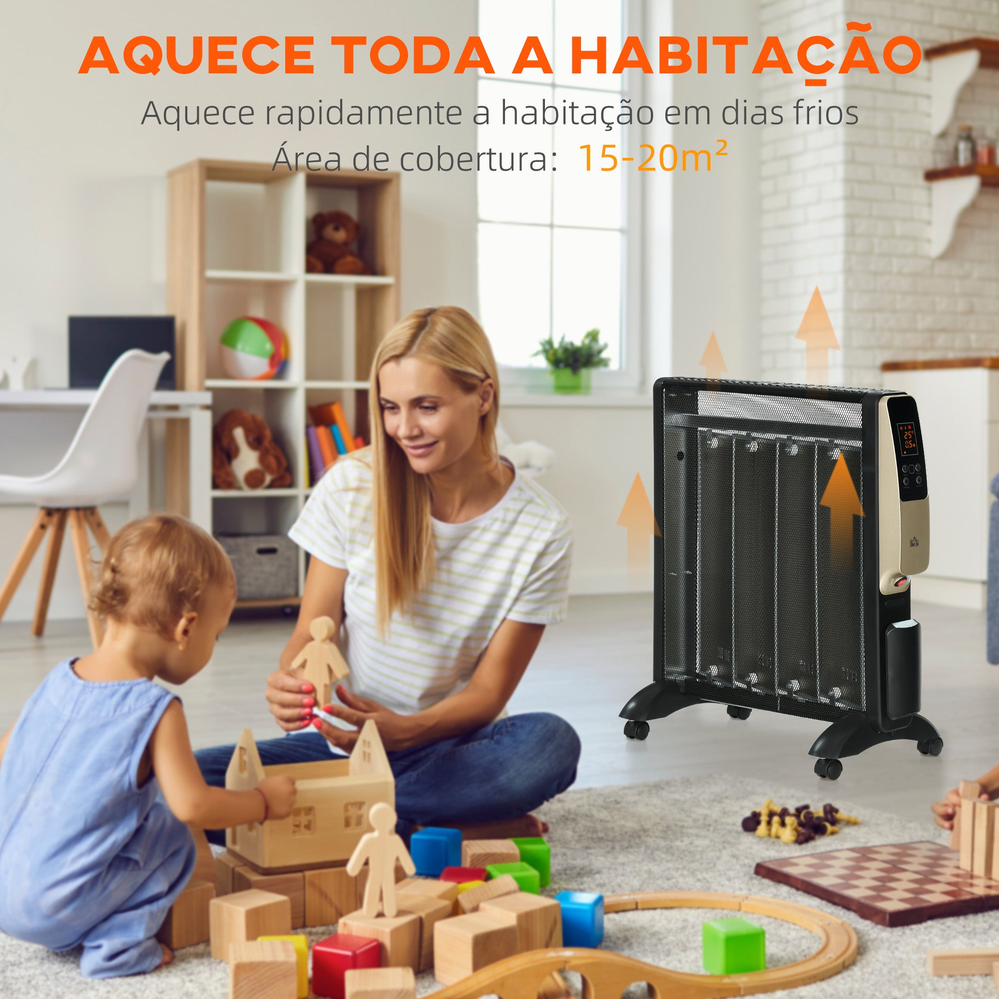 Aquecedor Elétrico 1000/2000W com Painel de Mica Ecrã LED Controlo Remoto Termostato Temporizador 56x26,5x61,5cm Preto