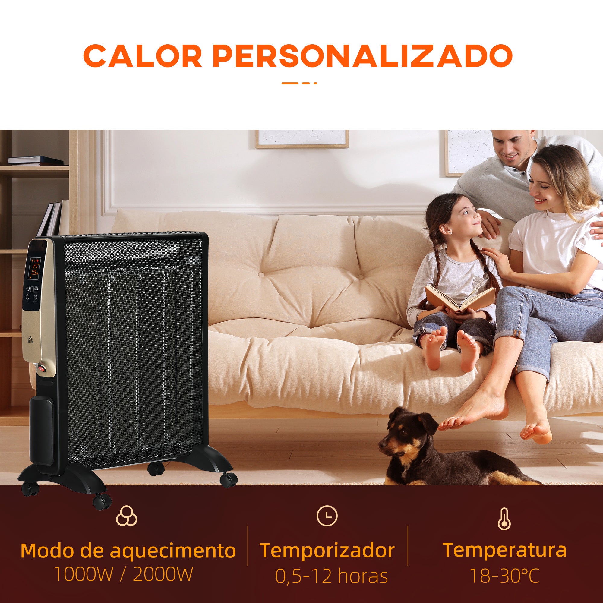 Aquecedor Elétrico 1000/2000W com Painel de Mica Ecrã LED Controlo Remoto Termostato Temporizador 56x26,5x61,5cm Preto