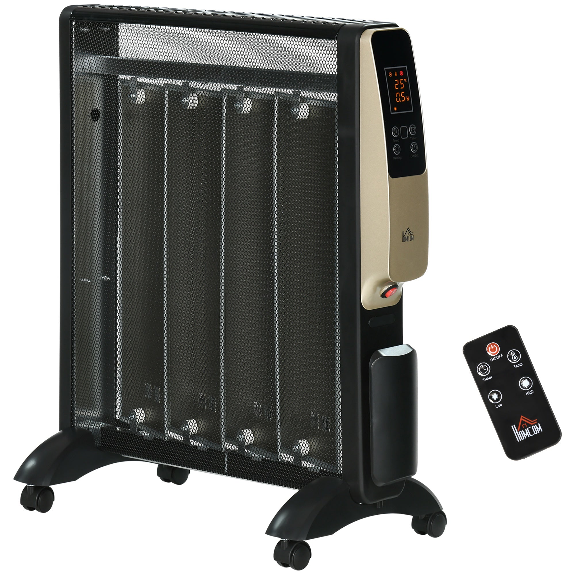 Aquecedor Elétrico 1000/2000W com Painel de Mica Ecrã LED Controlo Remoto Termostato Temporizador 56x26,5x61,5cm Preto