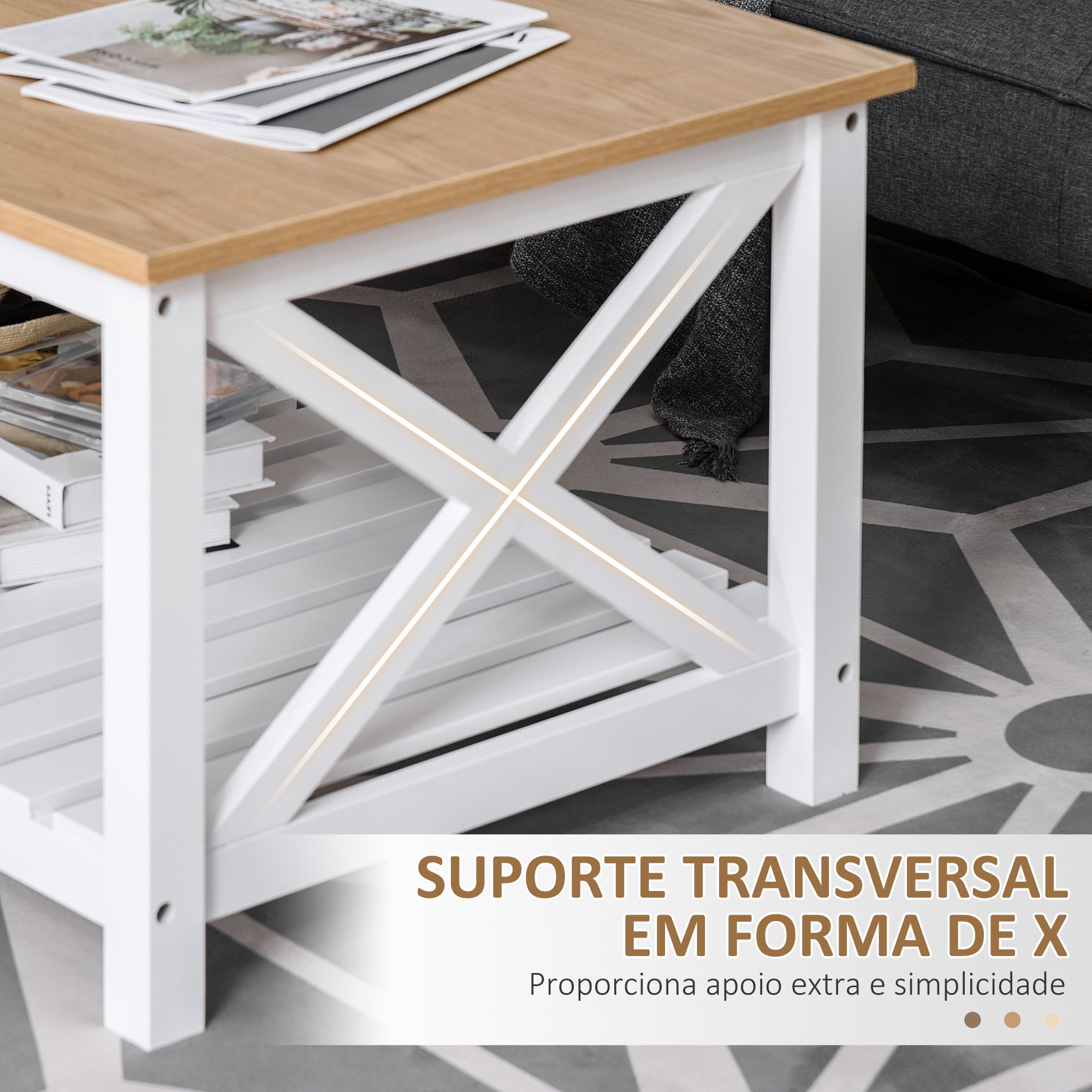 Mesa de Centro Moderna com Prateleira de Armazenamento - 116x60x48 cm - Madeira Natural e Branco