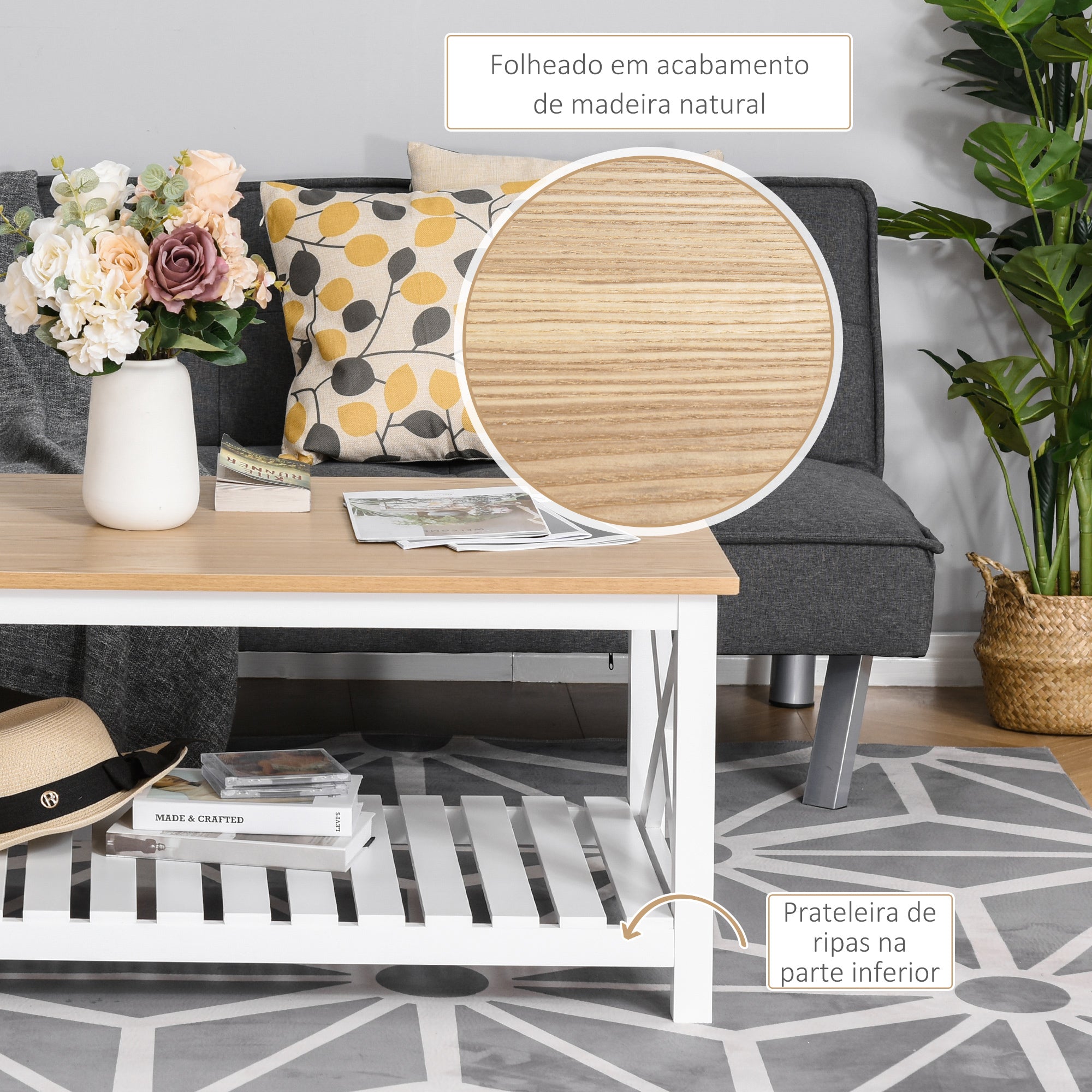 Mesa de Centro Moderna com Prateleira de Armazenamento - 116x60x48 cm - Madeira Natural e Branco