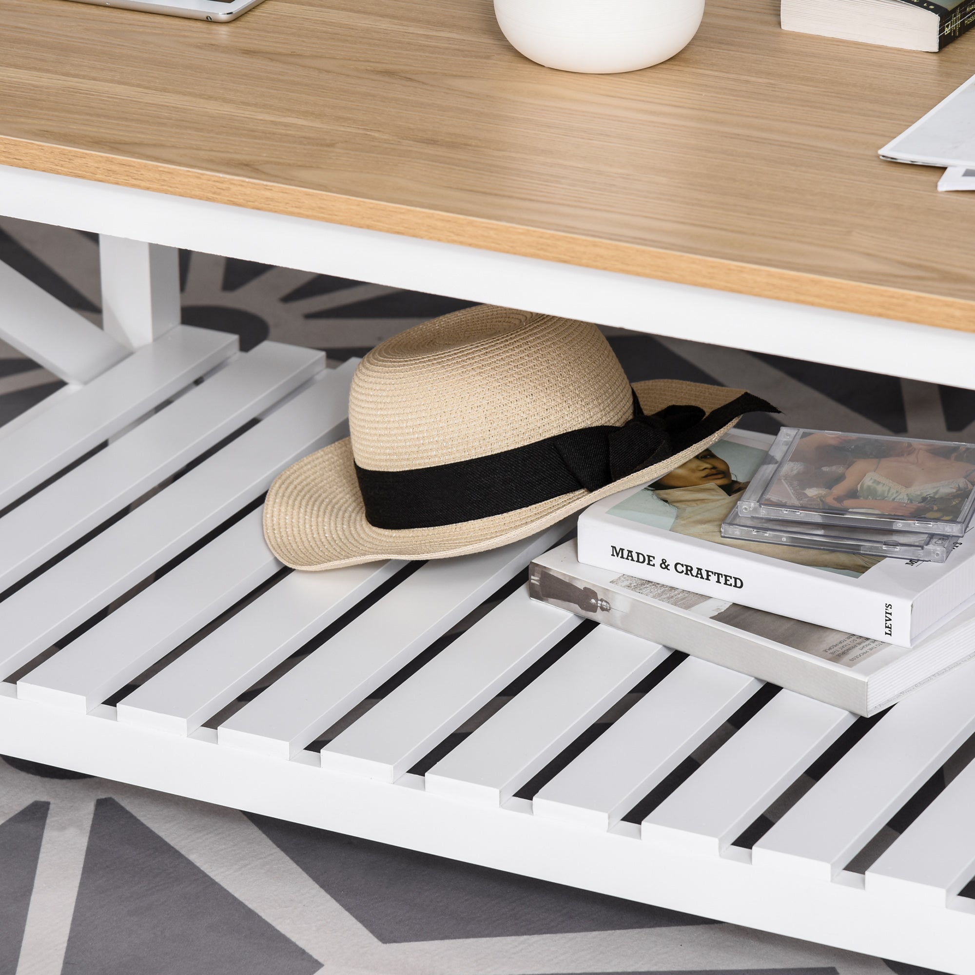 Mesa de Centro Moderna com Prateleira de Armazenamento - 116x60x48 cm - Madeira Natural e Branco