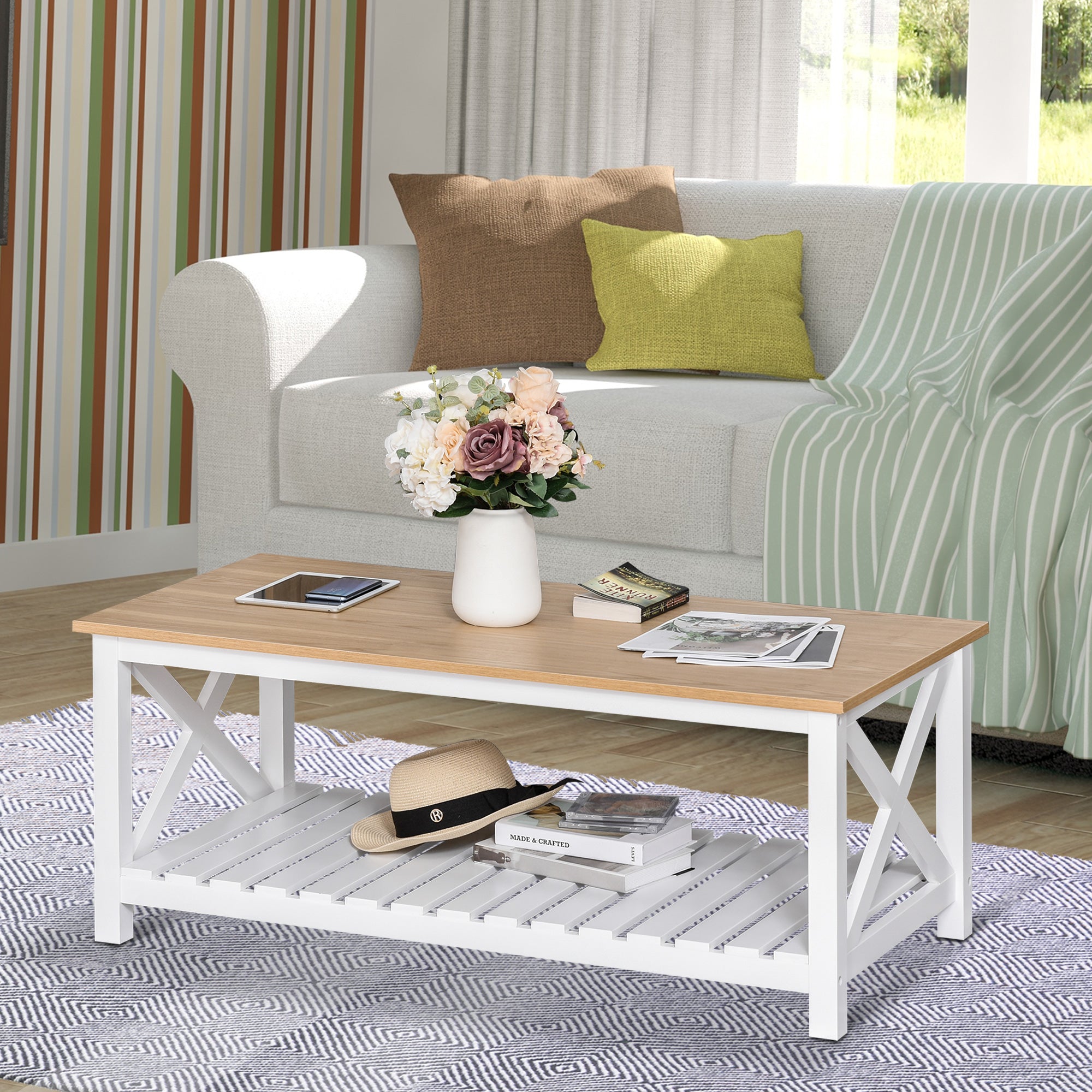 Mesa de Centro Moderna com Prateleira de Armazenamento - 116x60x48 cm - Madeira Natural e Branco