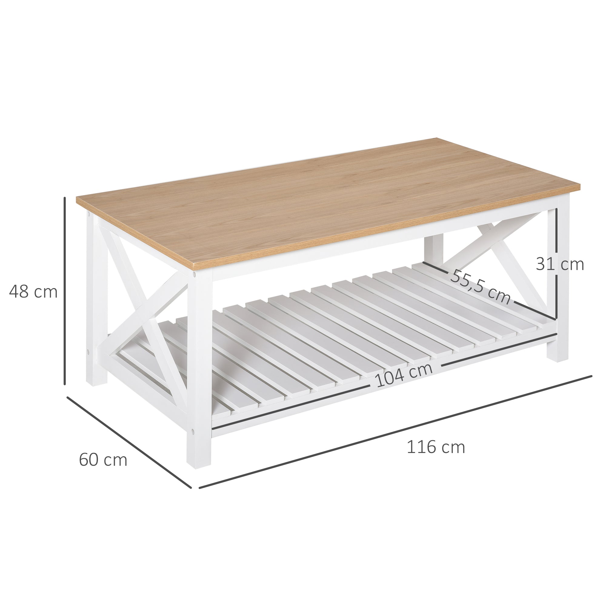 Mesa de Centro Moderna com Prateleira de Armazenamento - 116x60x48 cm - Madeira Natural e Branco