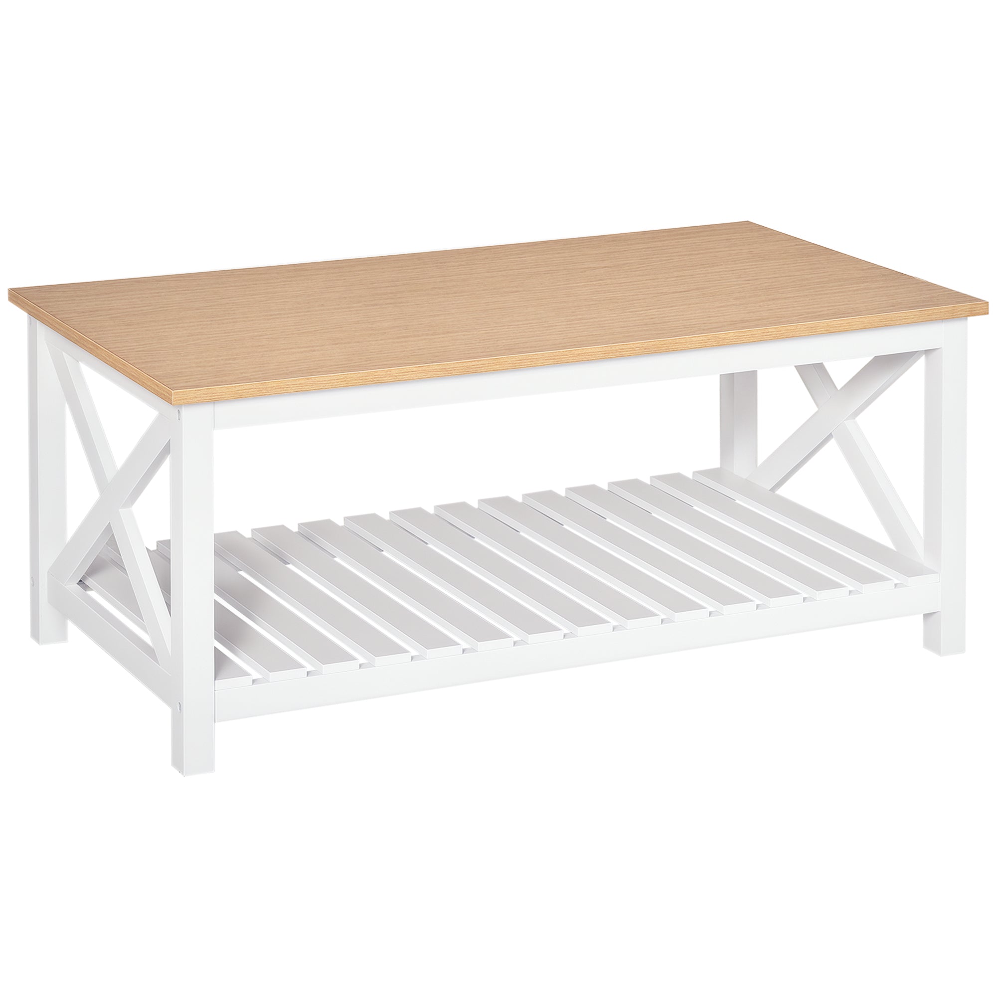 Mesa de Centro Moderna com Prateleira de Armazenamento - 116x60x48 cm - Madeira Natural e Branco