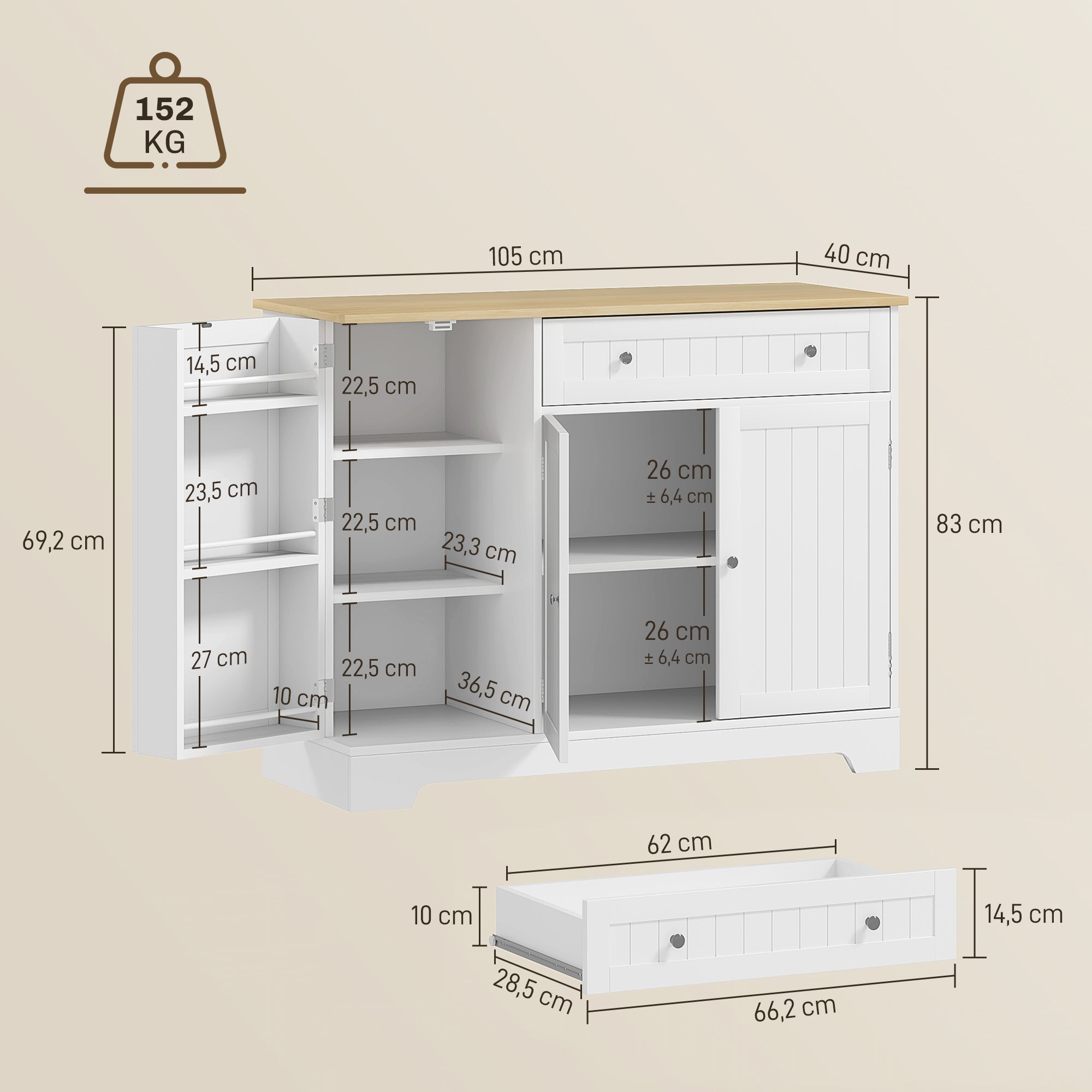 Aparador de Cozinha 105x40x83 cm Branco e Madeira