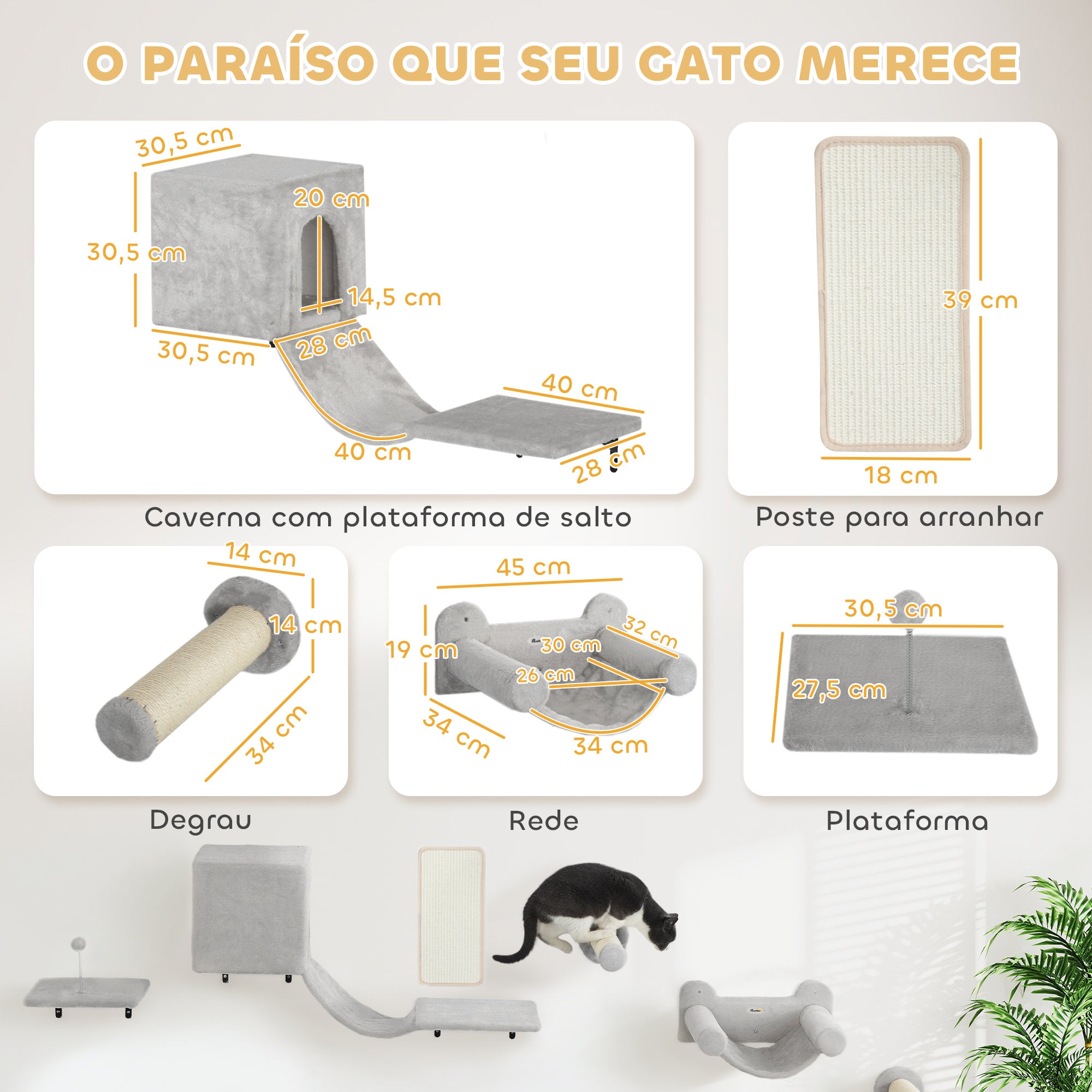 Conjunto de Prateleiras de Escalada para Gatos 106x30x30,5 cm - Cor Cinzento