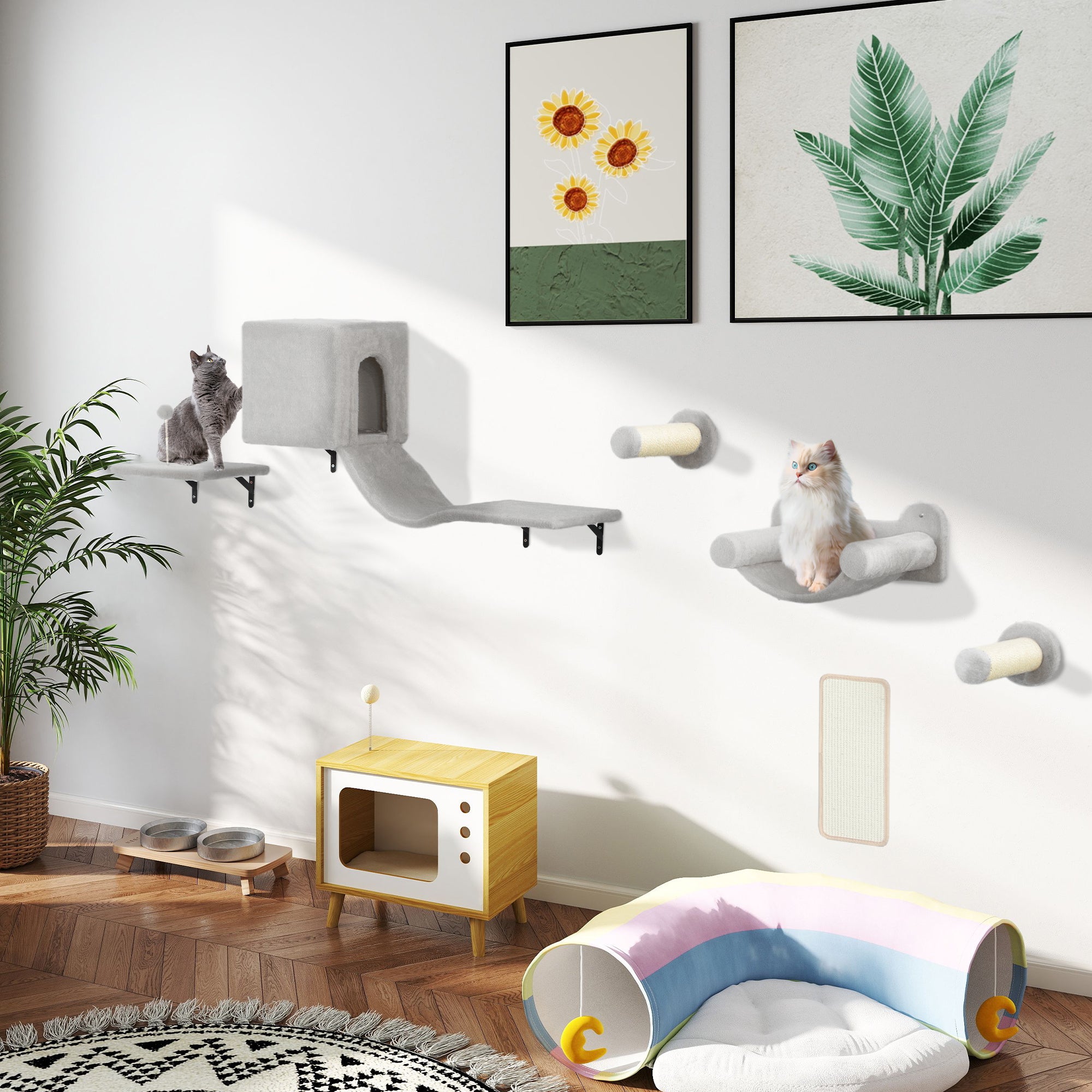 Conjunto de Prateleiras de Escalada para Gatos 106x30x30,5 cm - Cor Cinzento