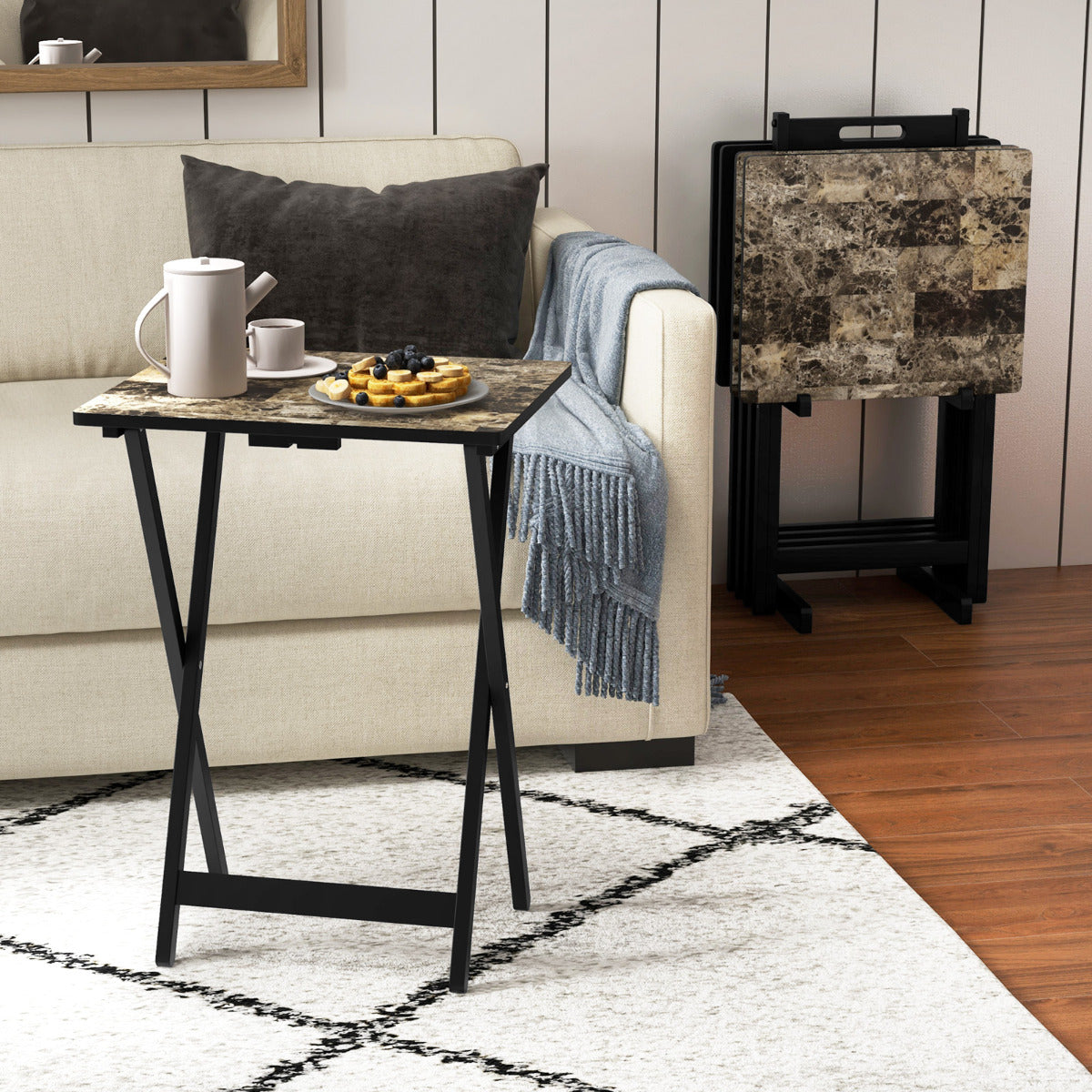 Conjunto de Mesas Dobráveis – 48 x 40 x 67 cm – Imitacao Mármore – Madeira de Borracha