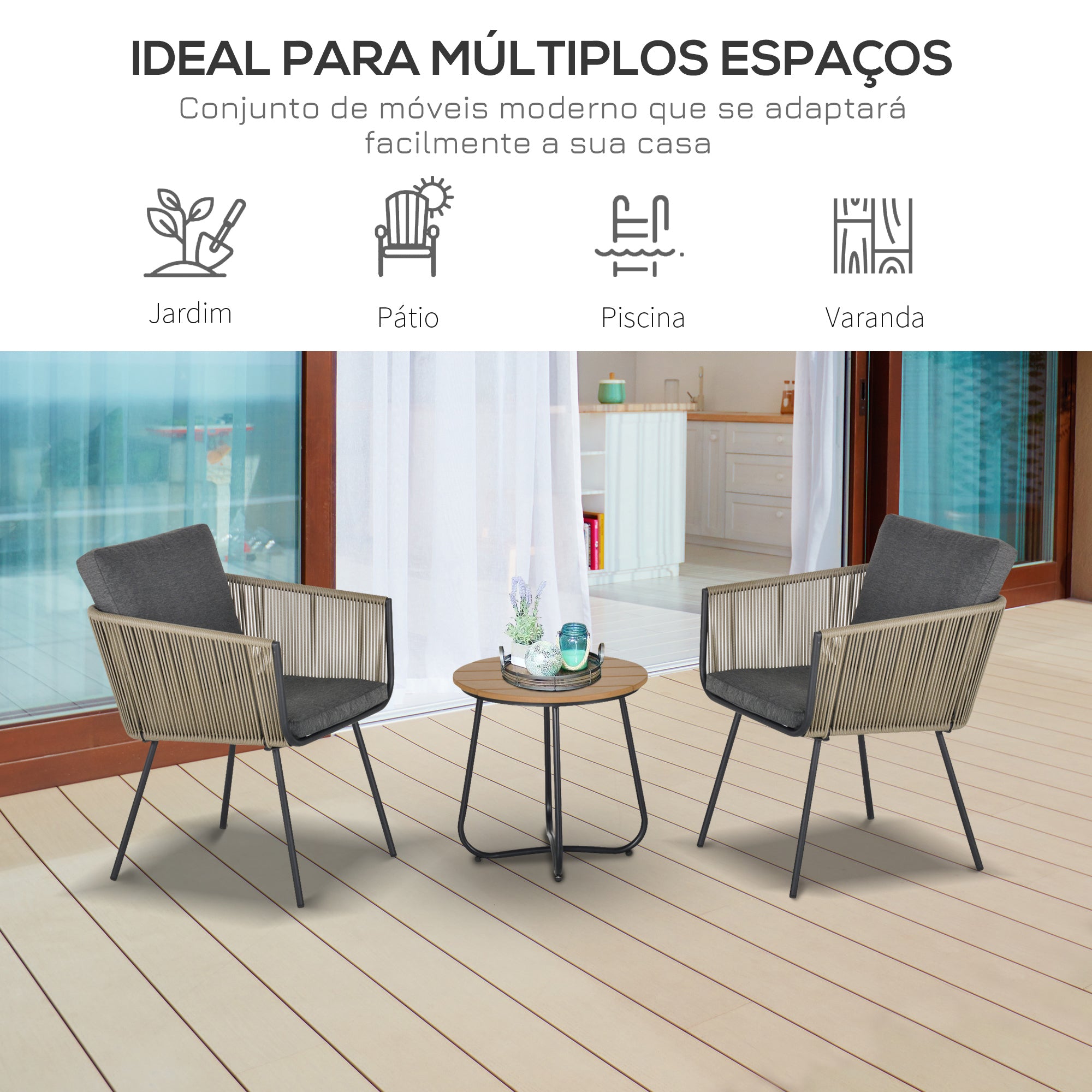 Conjunto de Móveis de Vime para Jardim - Mesa Redonda e 2 Poltronas Cinza e Marrom 60x60x67cm