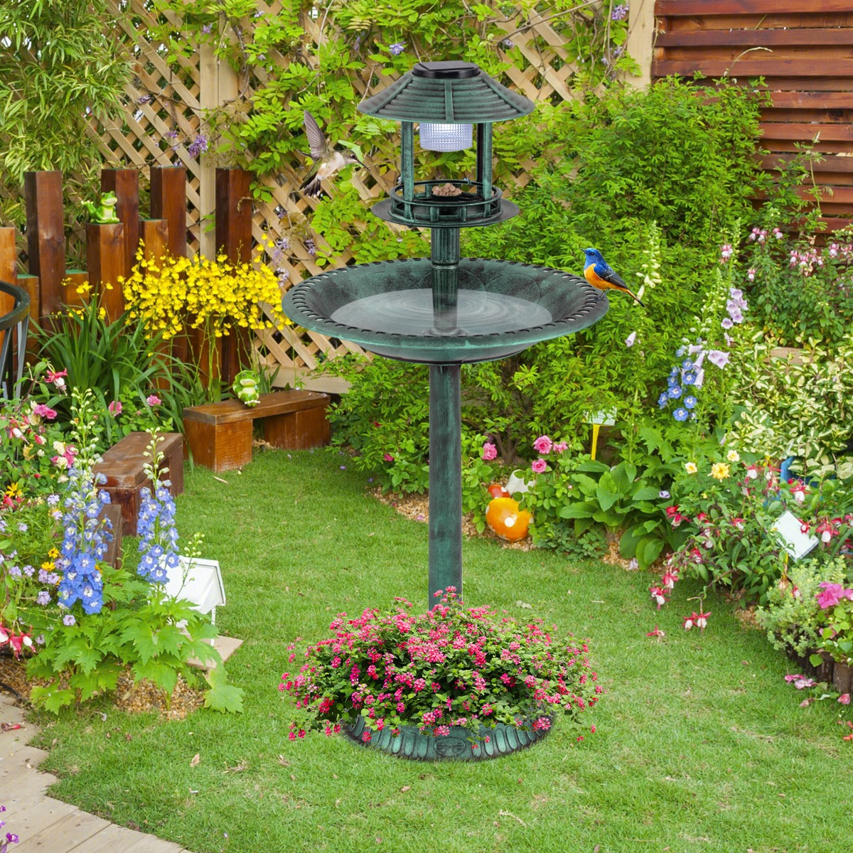 Fonte Solar 3 em 1 para Pássaros de Exterior com Suporte Comedouro e Base de Vaso para Jardim 50 x 50 x 107 cm Verde