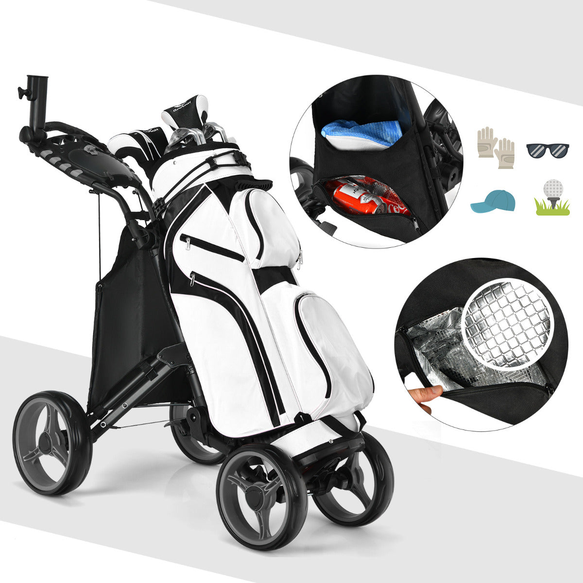 Carro de Golfe Dobrável Leve – design com 4 rodas – cinza – alumínio