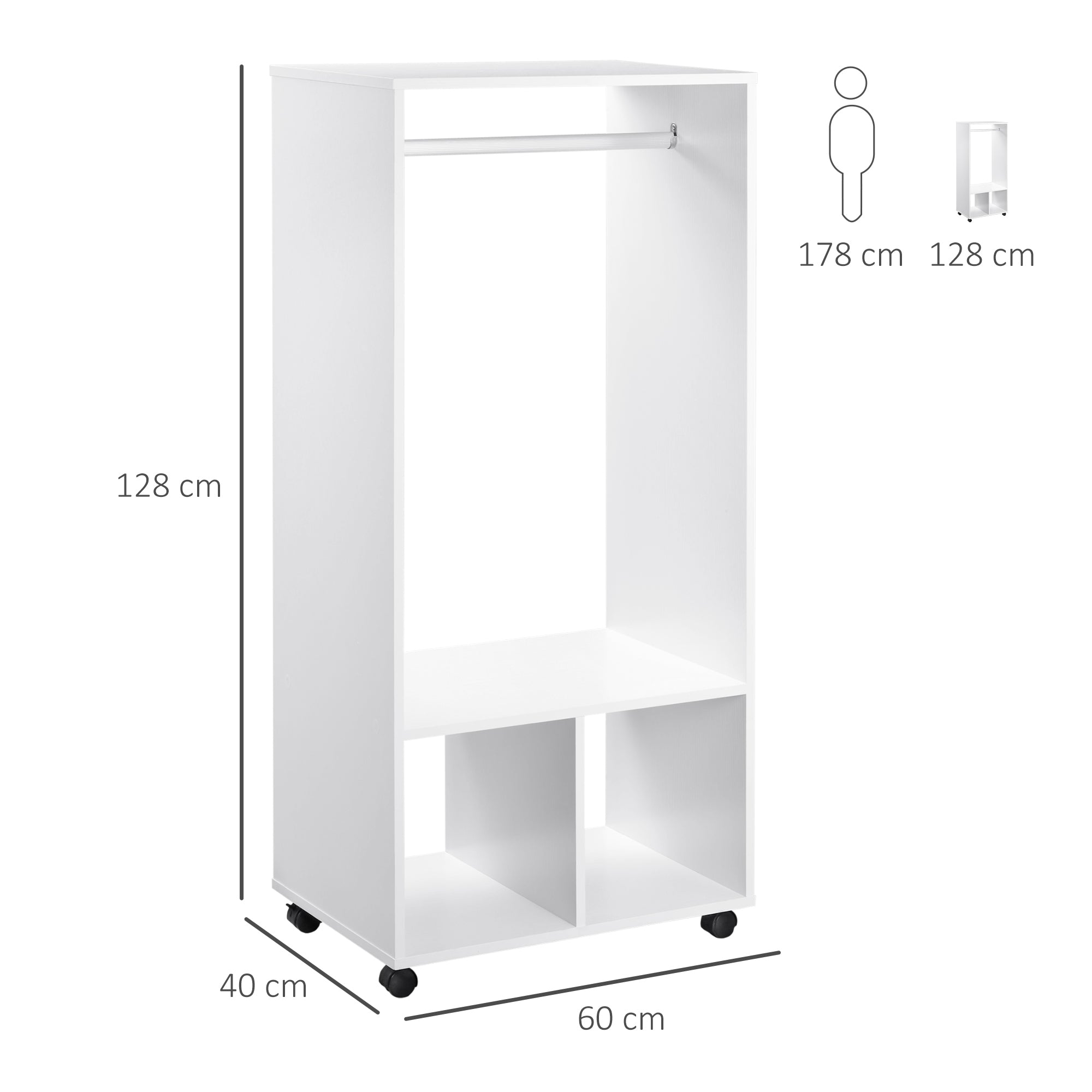 Roupeiro Aberto Branco 60x40x128 cm - Barra para Pendurar e Prateleiras Organizadoras