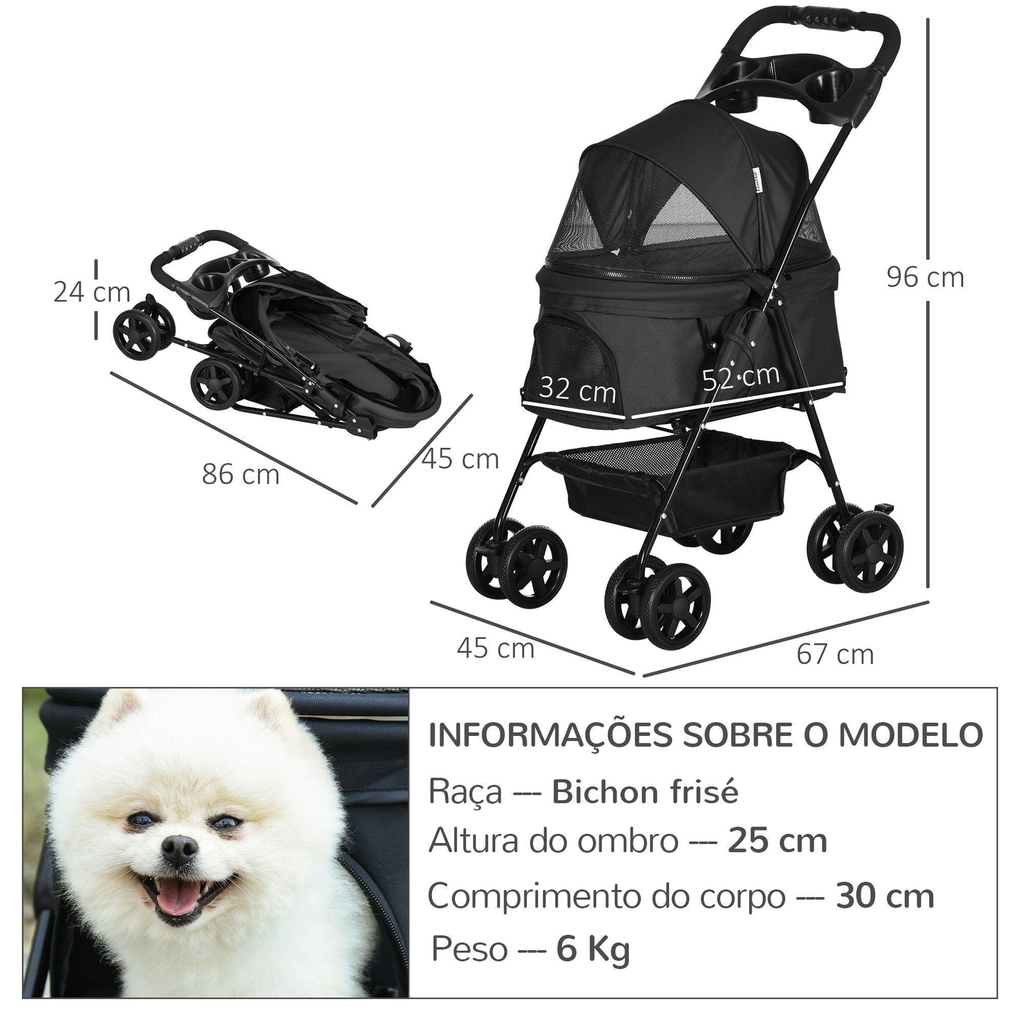 Carrinho para Cães Pequenos Dobrável – 67x45x96 cm – Preto – Aço e Tecido Oxford