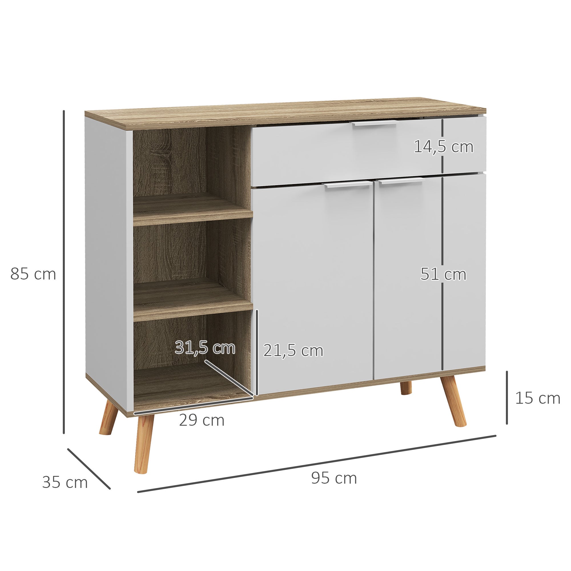 Aparador de Sala de Estar com 1 Gaveta 2 Portas 95x35x85 cm Branco e Madeira