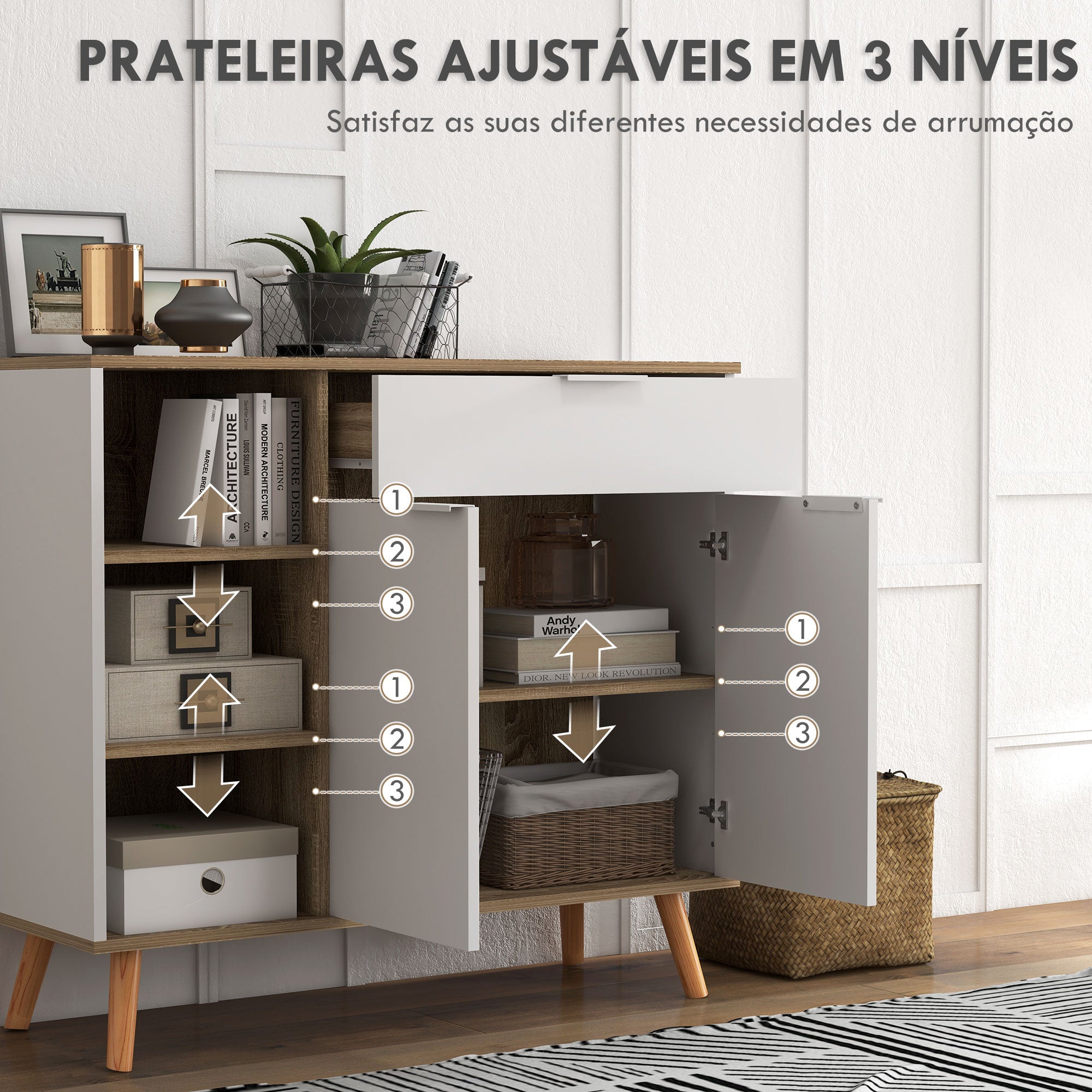 Aparador de Sala de Estar com 1 Gaveta 2 Portas 95x35x85 cm Branco e Madeira