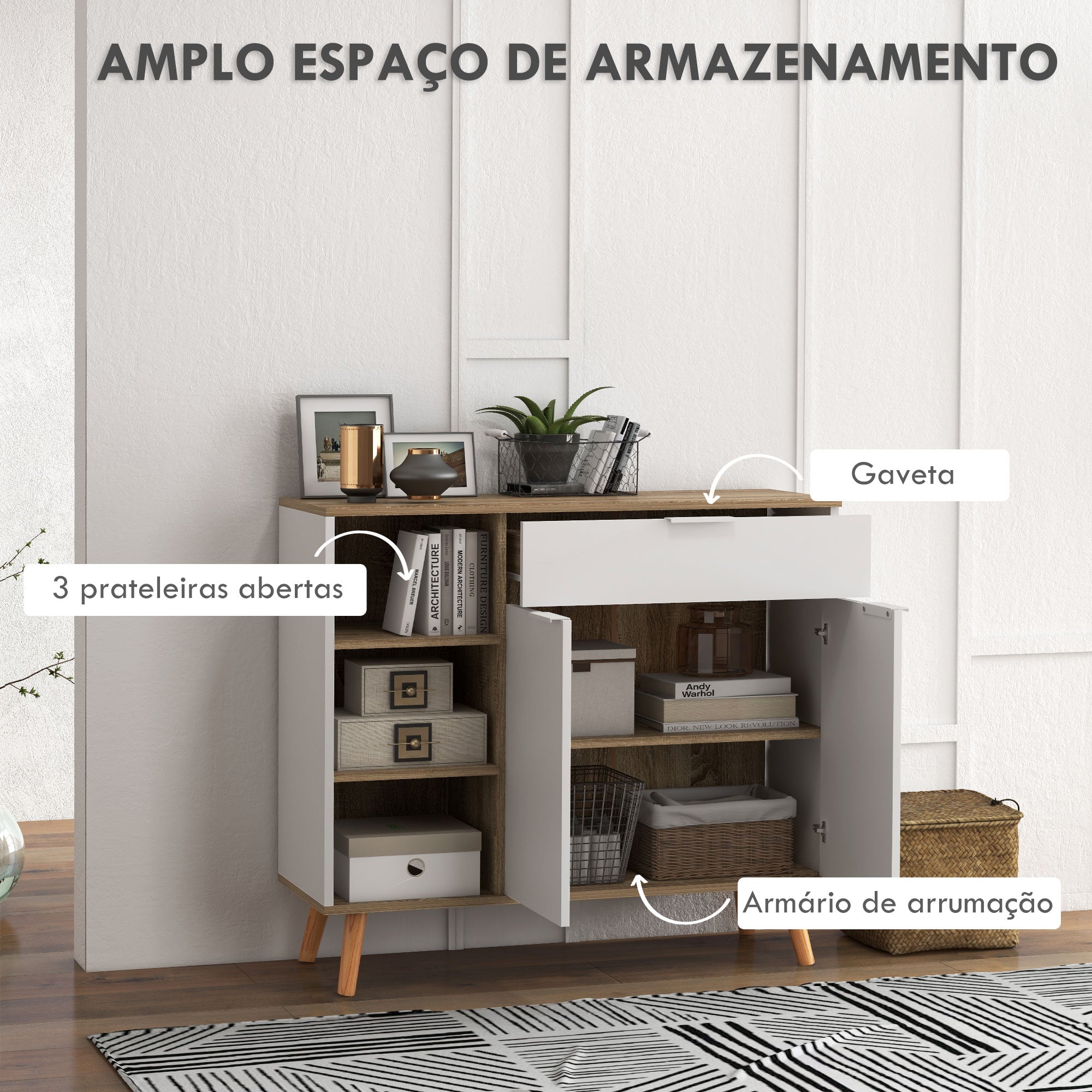 Aparador de Sala de Estar com 1 Gaveta 2 Portas 95x35x85 cm Branco e Madeira