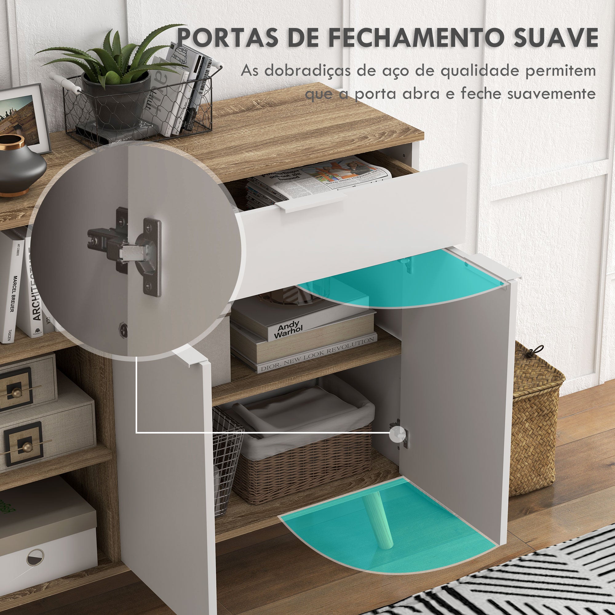 Aparador de Sala de Estar com 1 Gaveta 2 Portas 95x35x85 cm Branco e Madeira