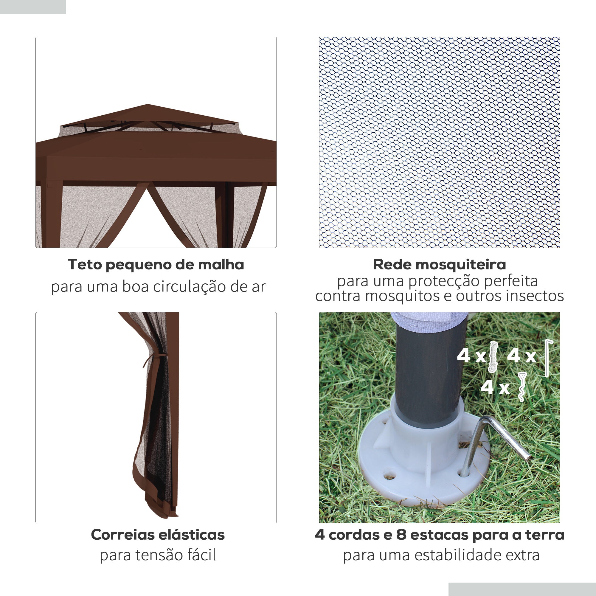 Pérgola de Jardim Marrom 297x297x268 cm com Redes Mosquiteiras Laterais