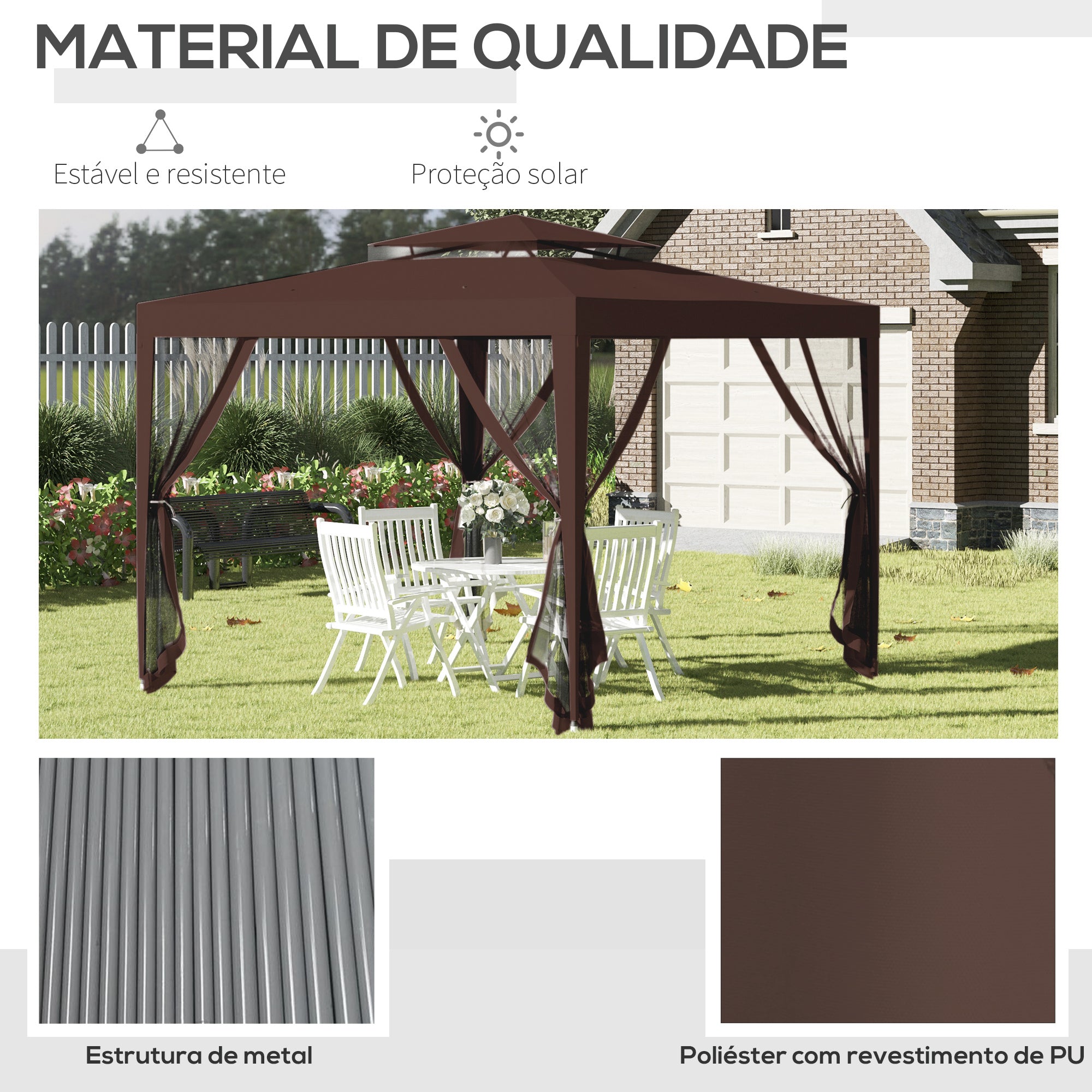 Pérgola de Jardim Marrom 297x297x268 cm com Redes Mosquiteiras Laterais