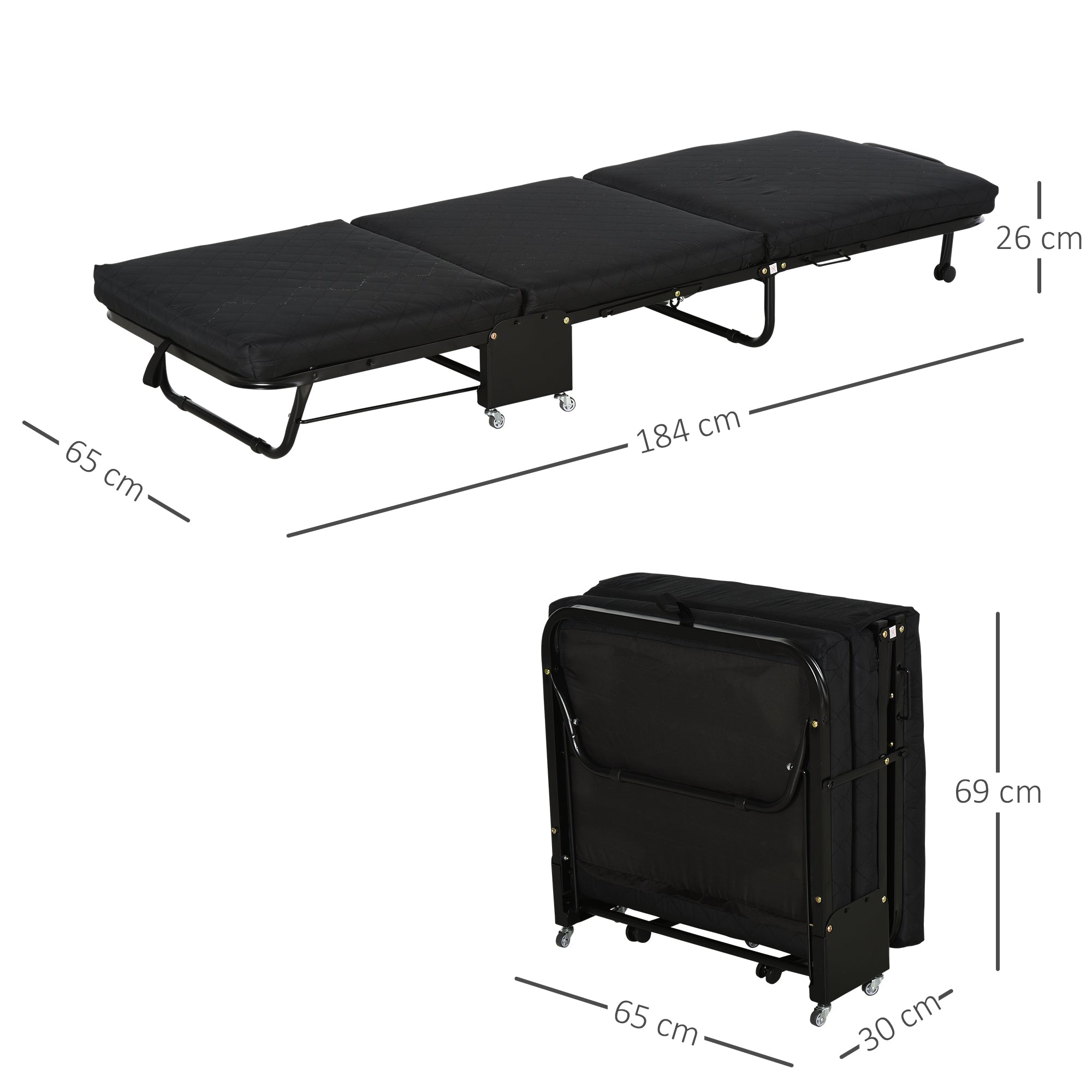 Cama Dobrável – 184x65 cm – Preto – Metal