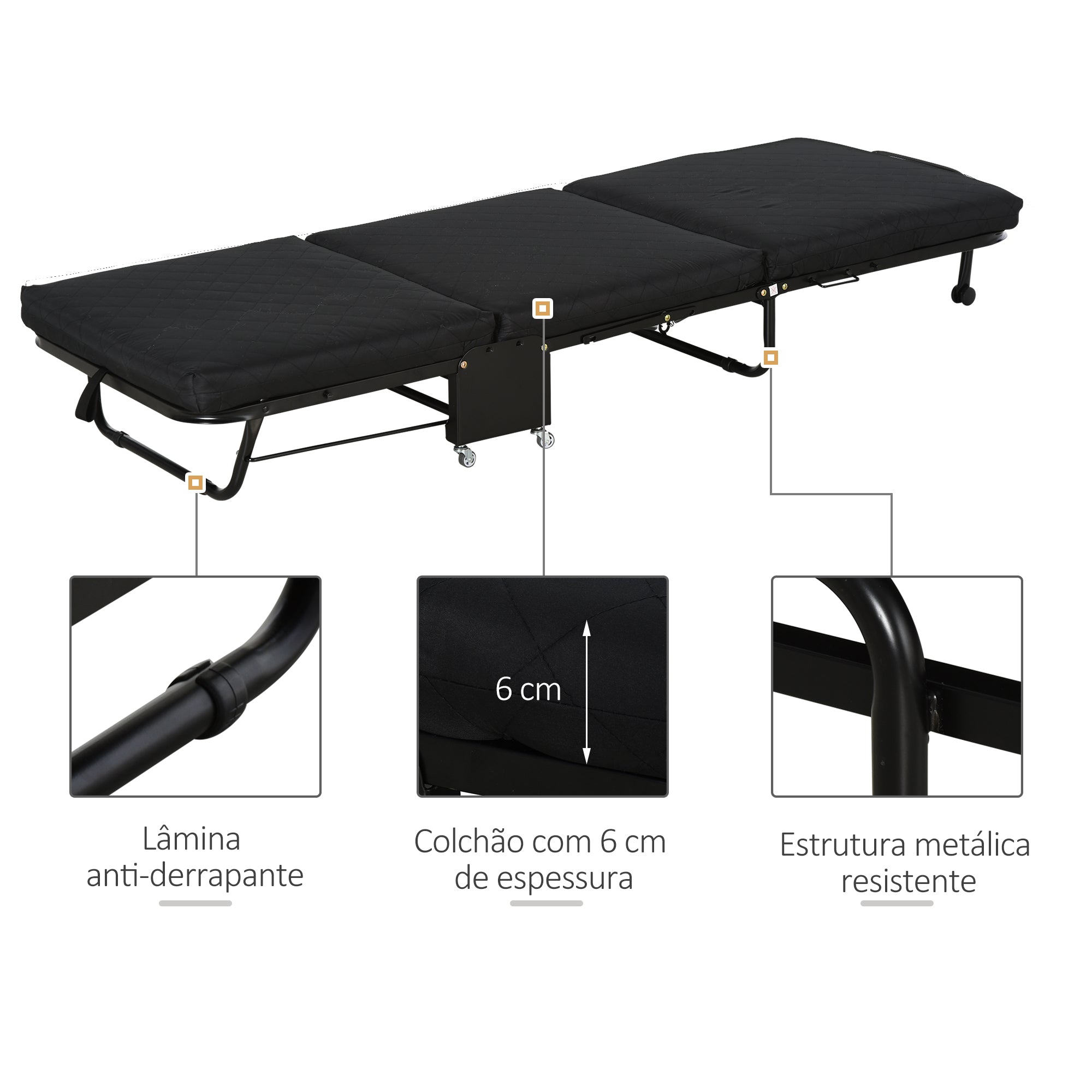 Cama Dobrável – 184x65 cm – Preto – Metal