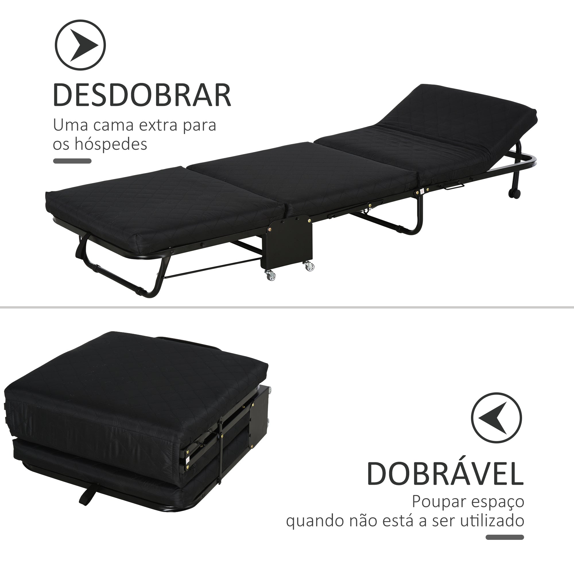 Cama Dobrável – 184x65 cm – Preto – Metal