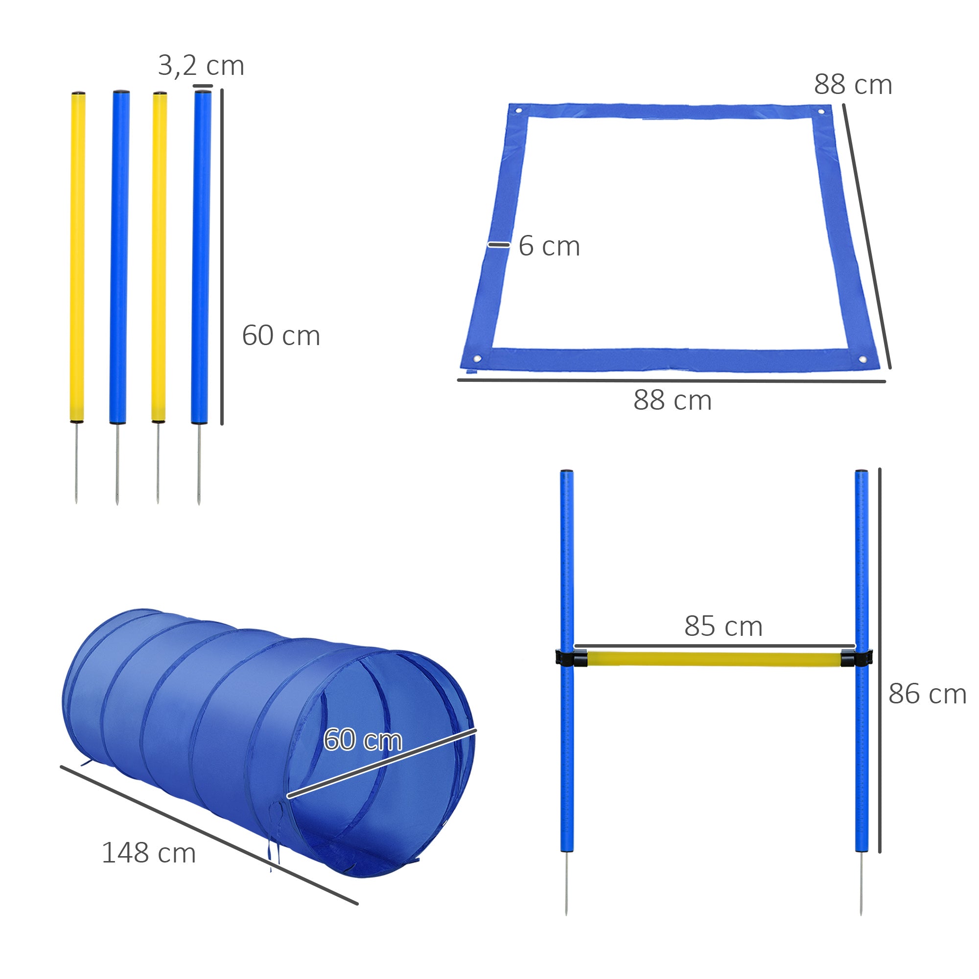 Conjunto de Treino de Agilidade para Cães – 148xØ60 cm – Azul e Amarelo – Plástico