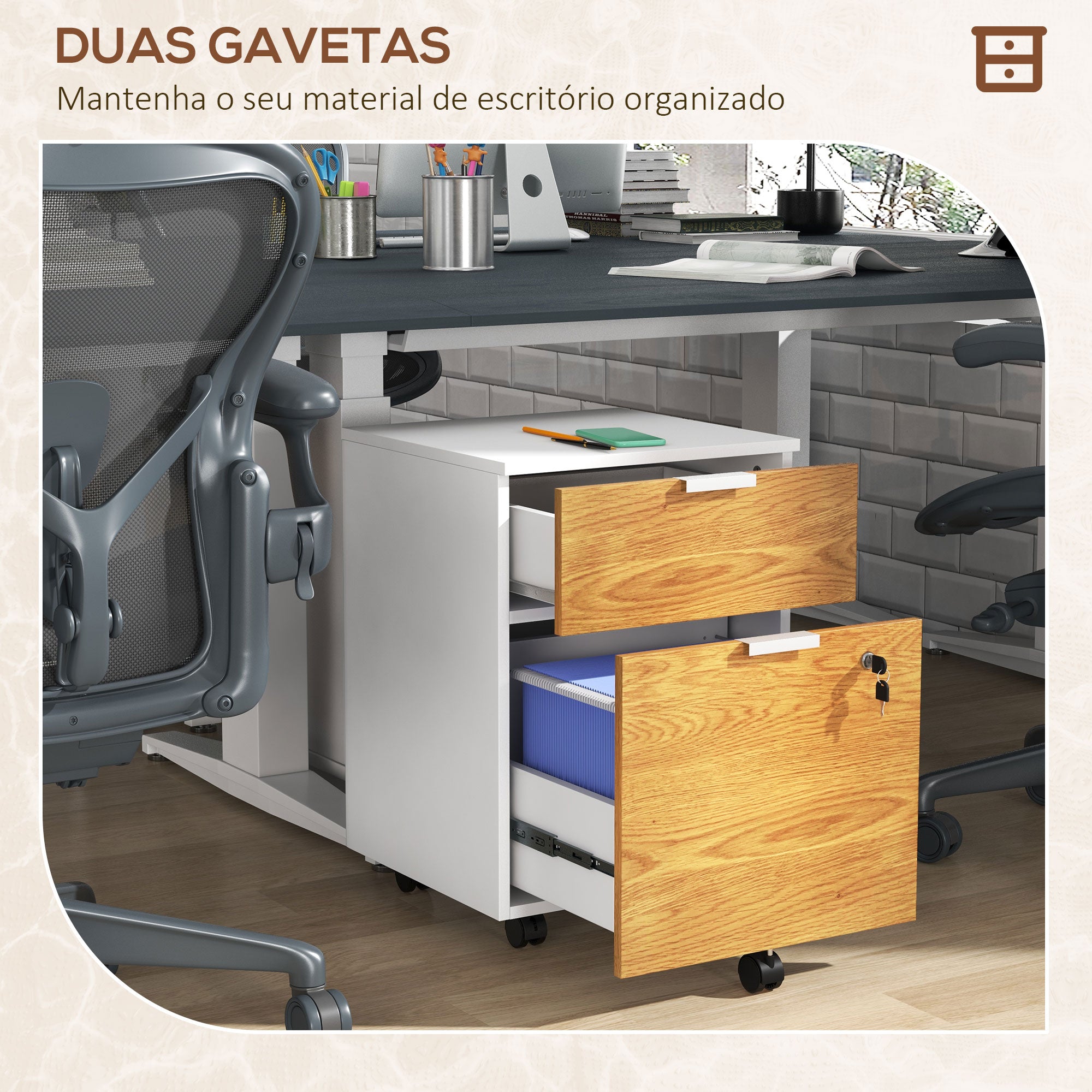 Bloco de Gavetas para Escritório 42x40x60 cm Branco e Madeira Natural