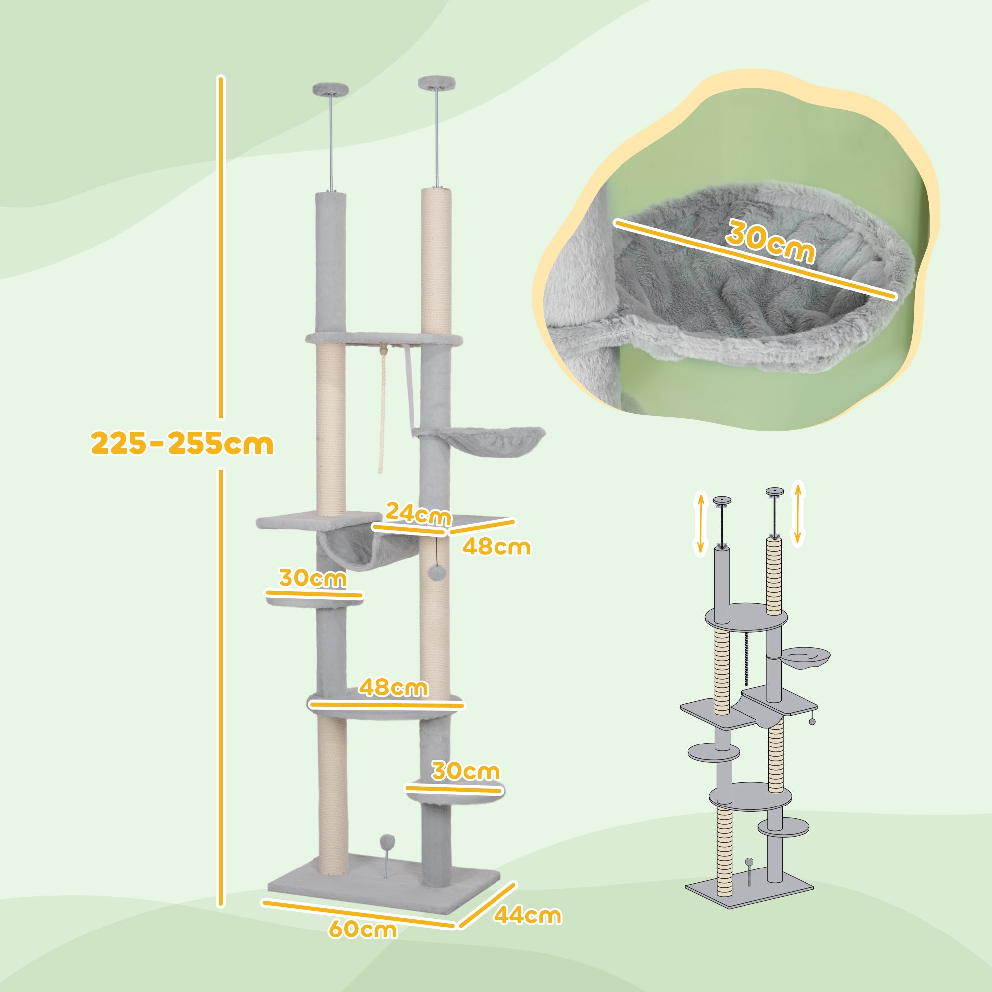 Arranhador para Gatos Cinzento 60x44x225-255 cm - Centro de Entretenimento Vertical para Gatos