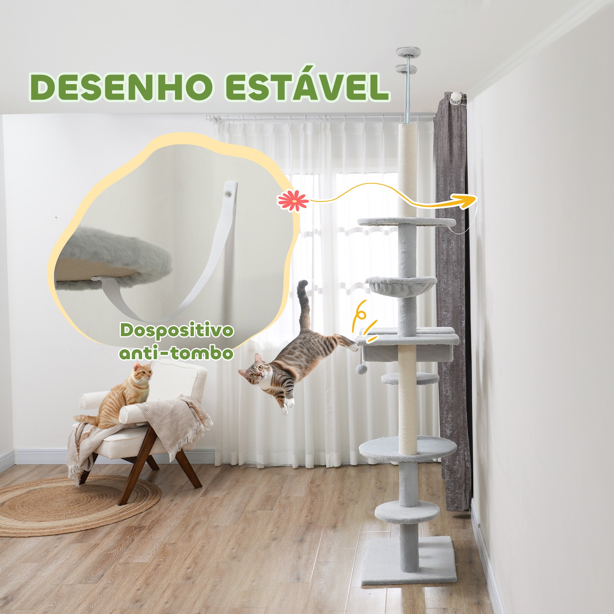 Arranhador para Gatos Cinzento 60x44x225-255 cm - Centro de Entretenimento Vertical para Gatos