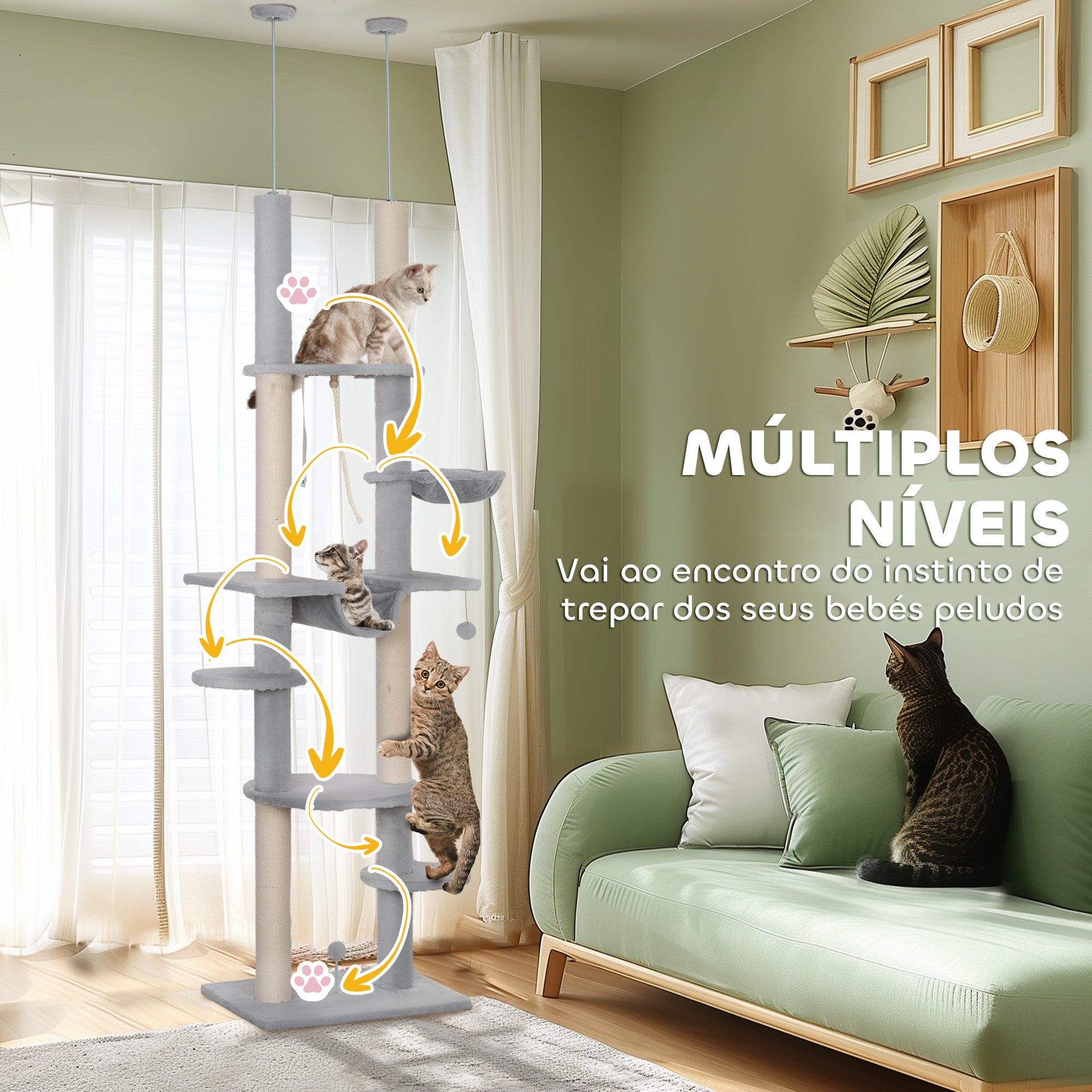 Arranhador para Gatos Cinzento 60x44x225-255 cm - Centro de Entretenimento Vertical para Gatos
