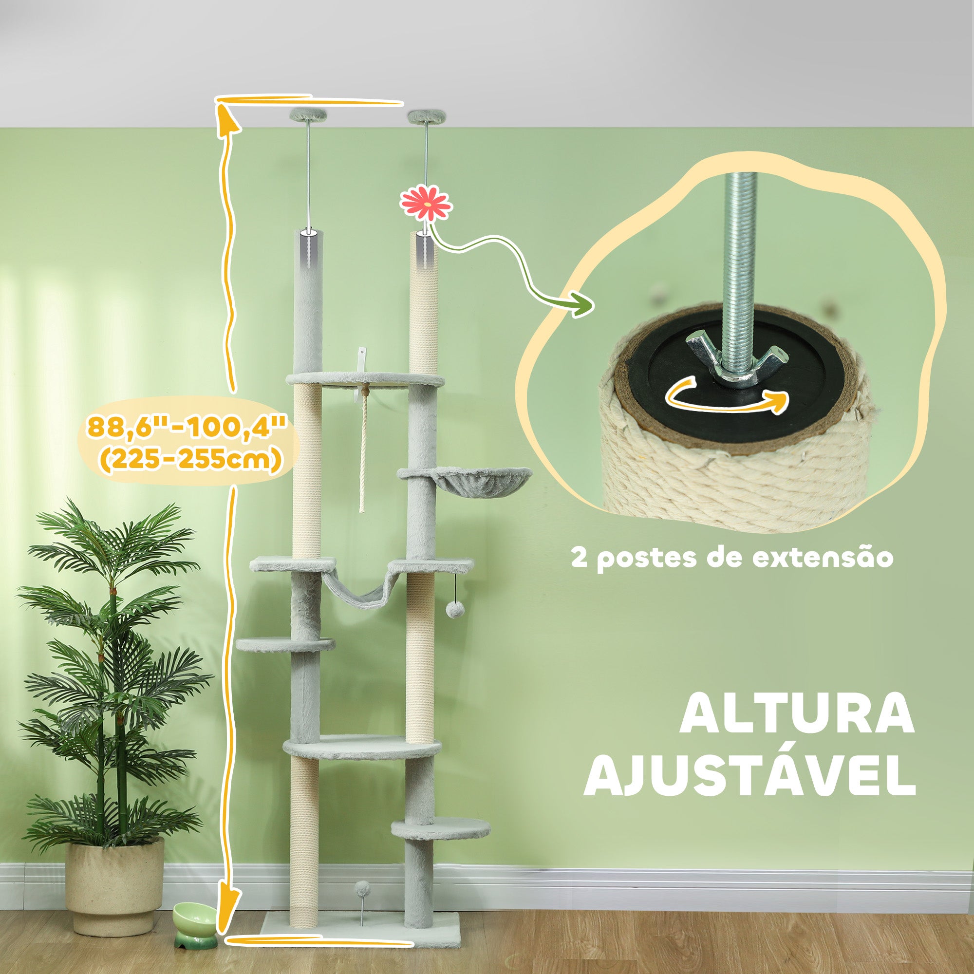 Arranhador para Gatos Cinzento 60x44x225-255 cm - Centro de Entretenimento Vertical para Gatos