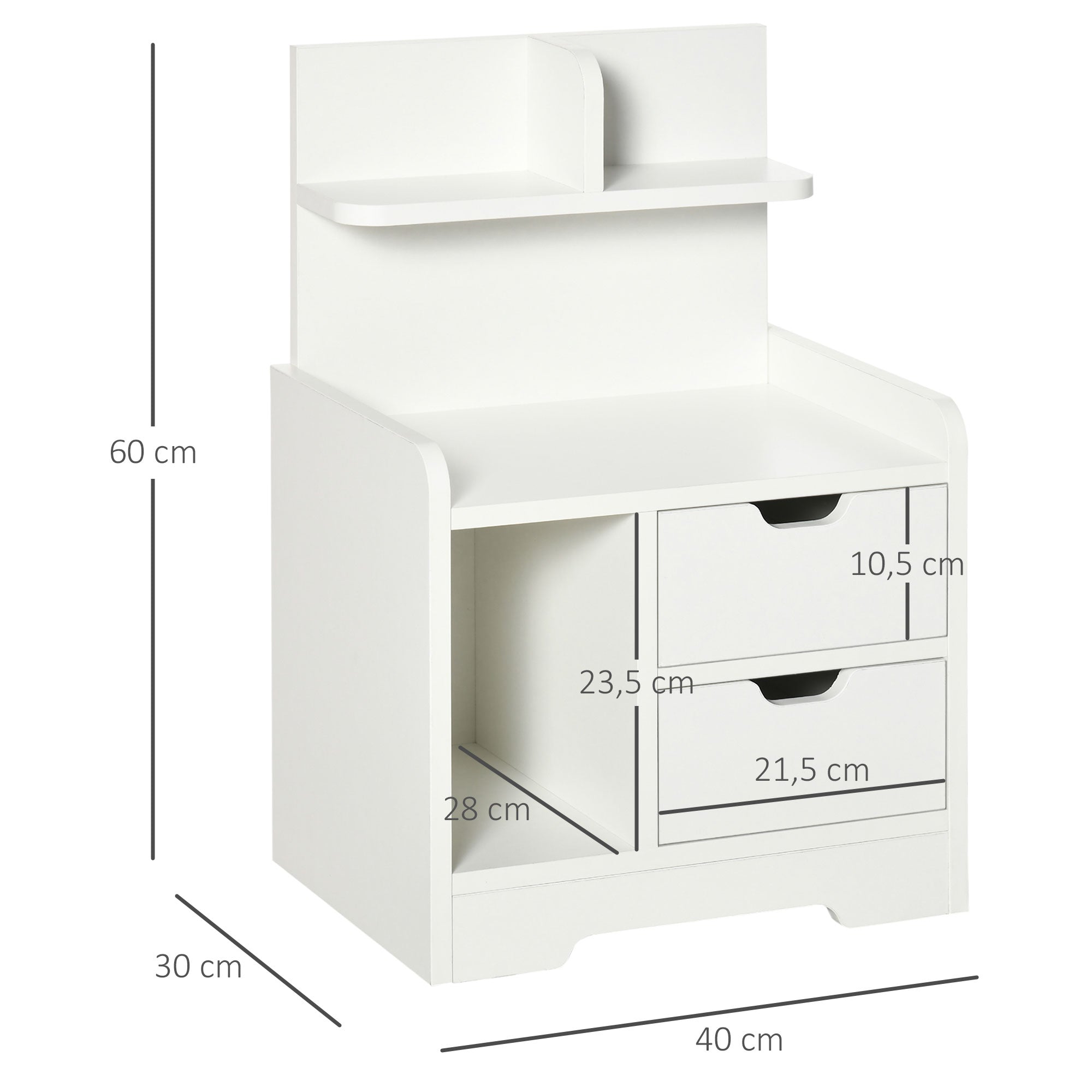 Mesa de Cabeceira Moderna com 2 Gavetas e 3 Compartimentos de Armazenamento - Branco 40x30x60 cm
