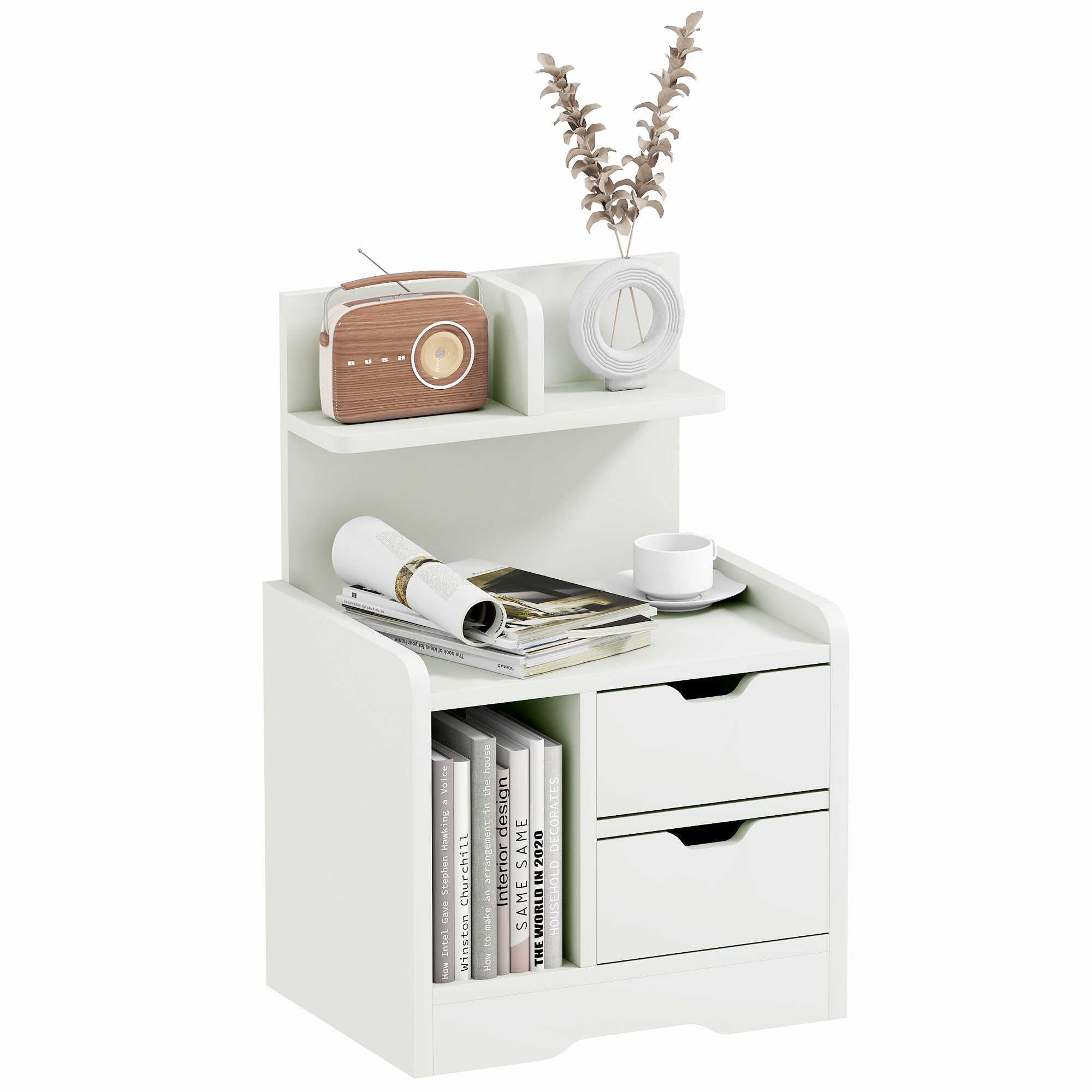 Mesa de Cabeceira Moderna com 2 Gavetas e 3 Compartimentos de Armazenamento - Branco 40x30x60 cm