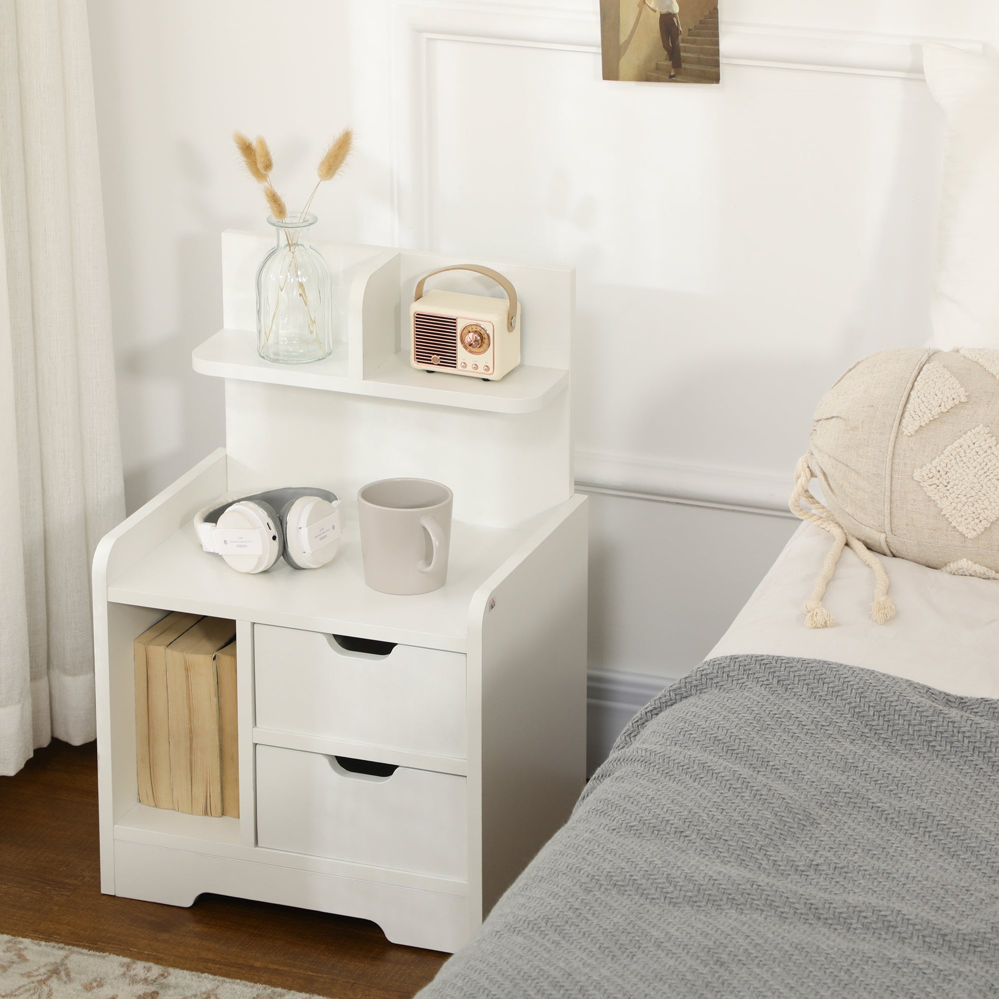 Mesa de Cabeceira Moderna com 2 Gavetas e 3 Compartimentos de Armazenamento - Branco 40x30x60 cm