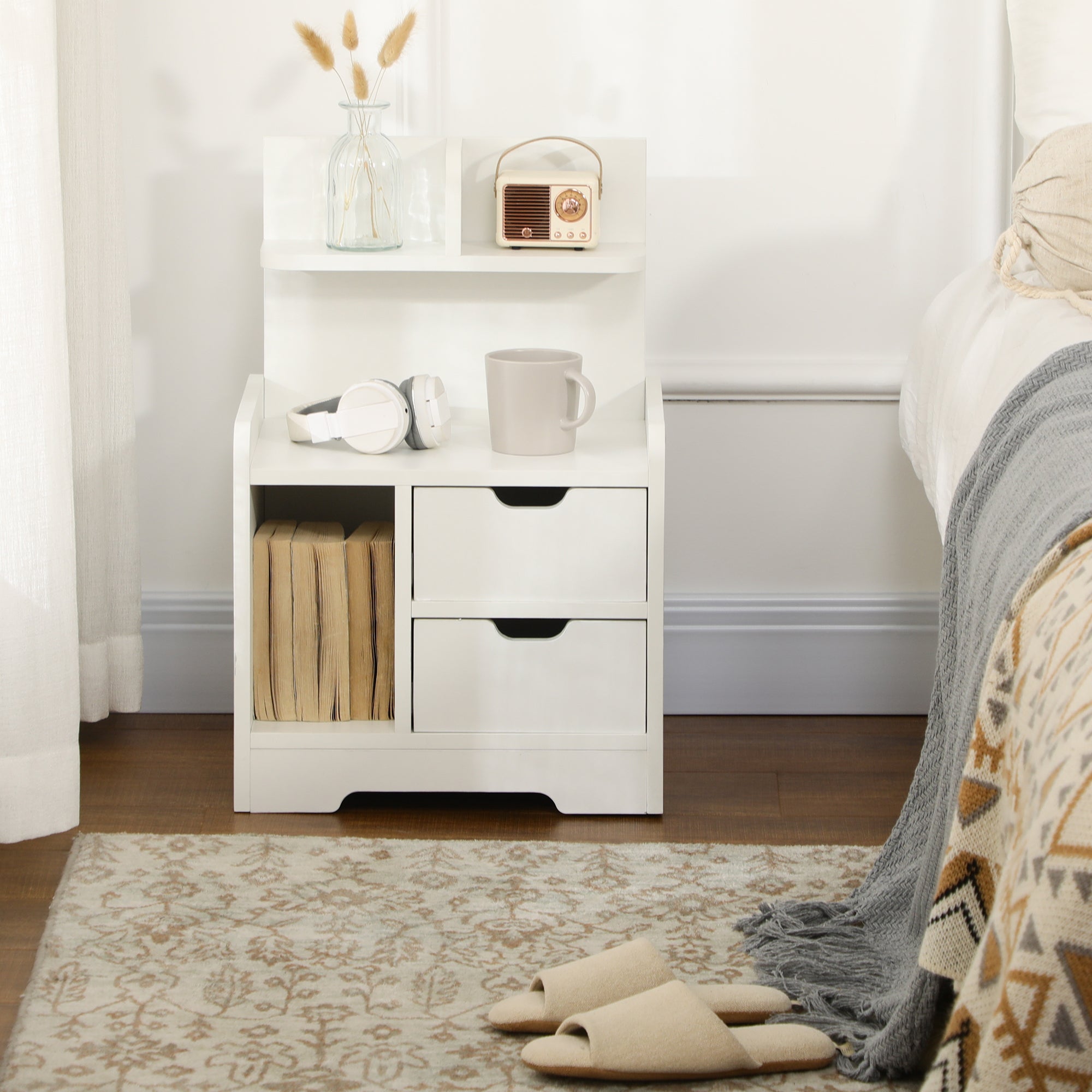 Mesa de Cabeceira Moderna com 2 Gavetas e 3 Compartimentos de Armazenamento - Branco 40x30x60 cm