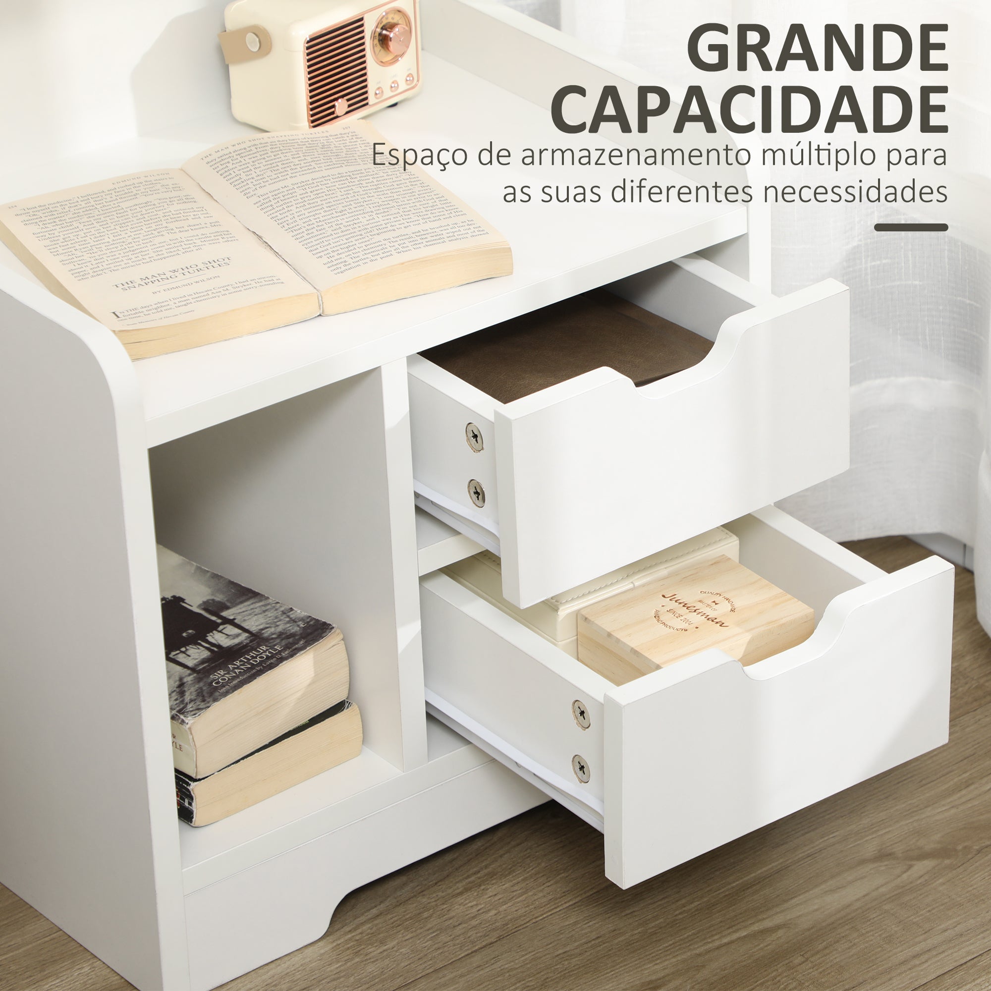 Mesa de Cabeceira Moderna com 2 Gavetas e 3 Compartimentos de Armazenamento - Branco 40x30x60 cm