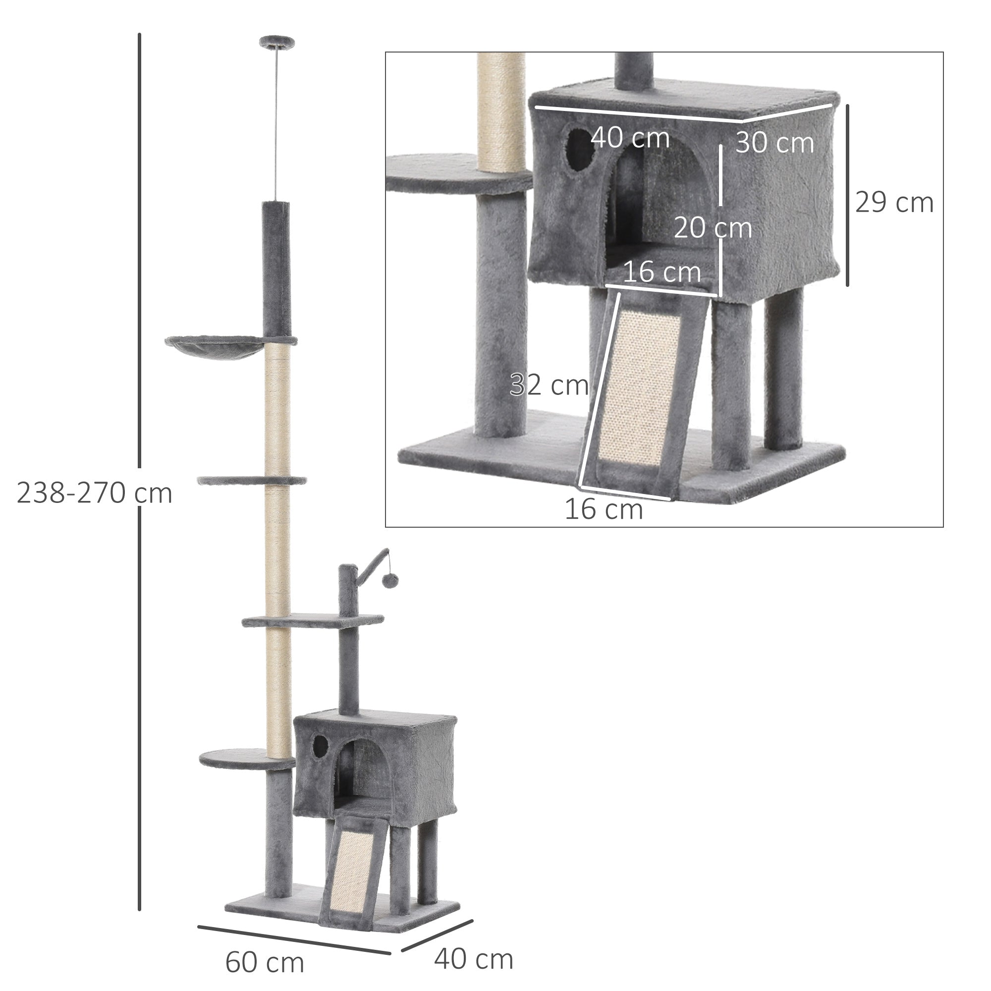 Arranhador para Gatos com Altura Ajustável 230-280cm e Cor Cinza Claro