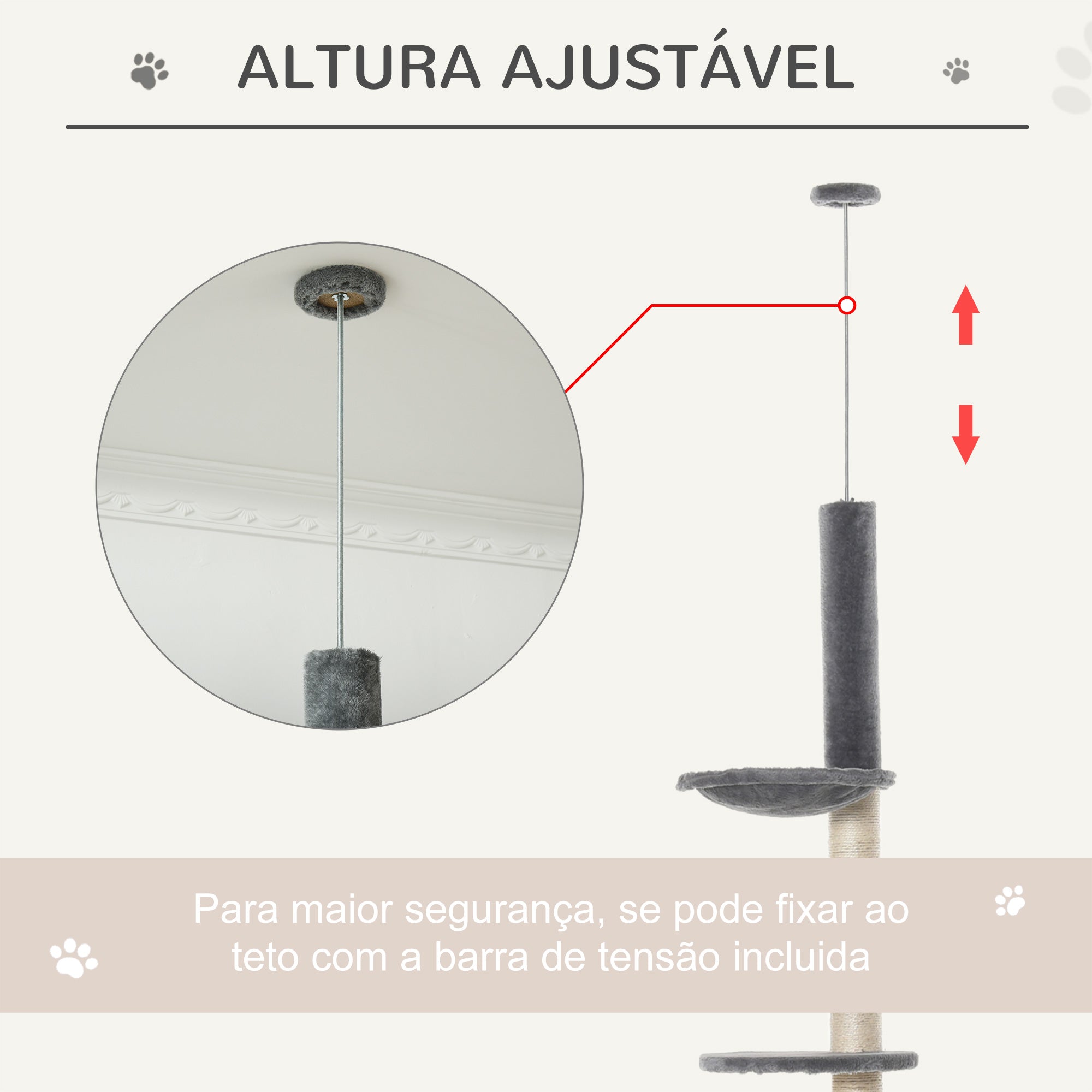 Arranhador para Gatos com Altura Ajustável 230-280cm e Cor Cinza Claro