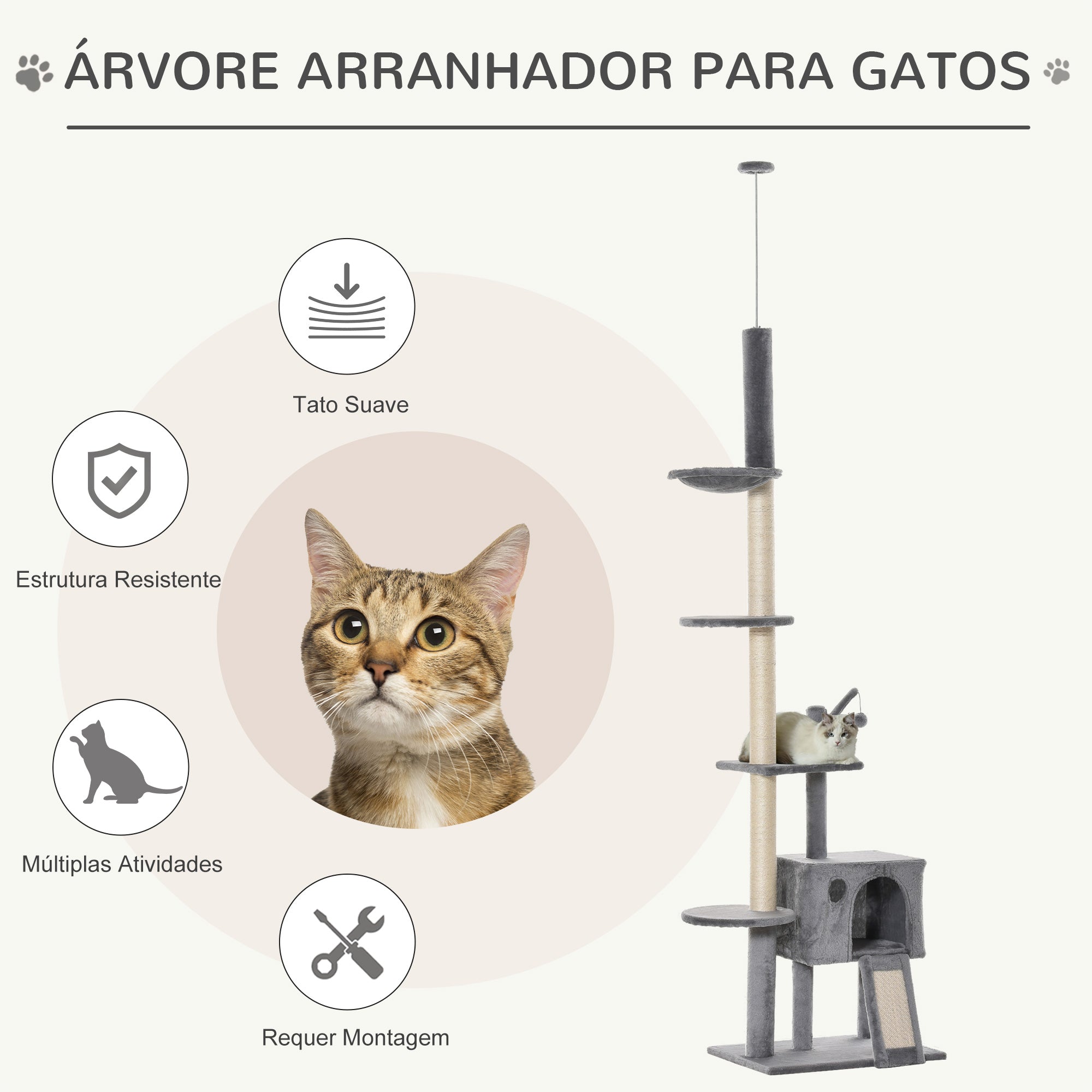 Arranhador para Gatos com Altura Ajustável 230-280cm e Cor Cinza Claro