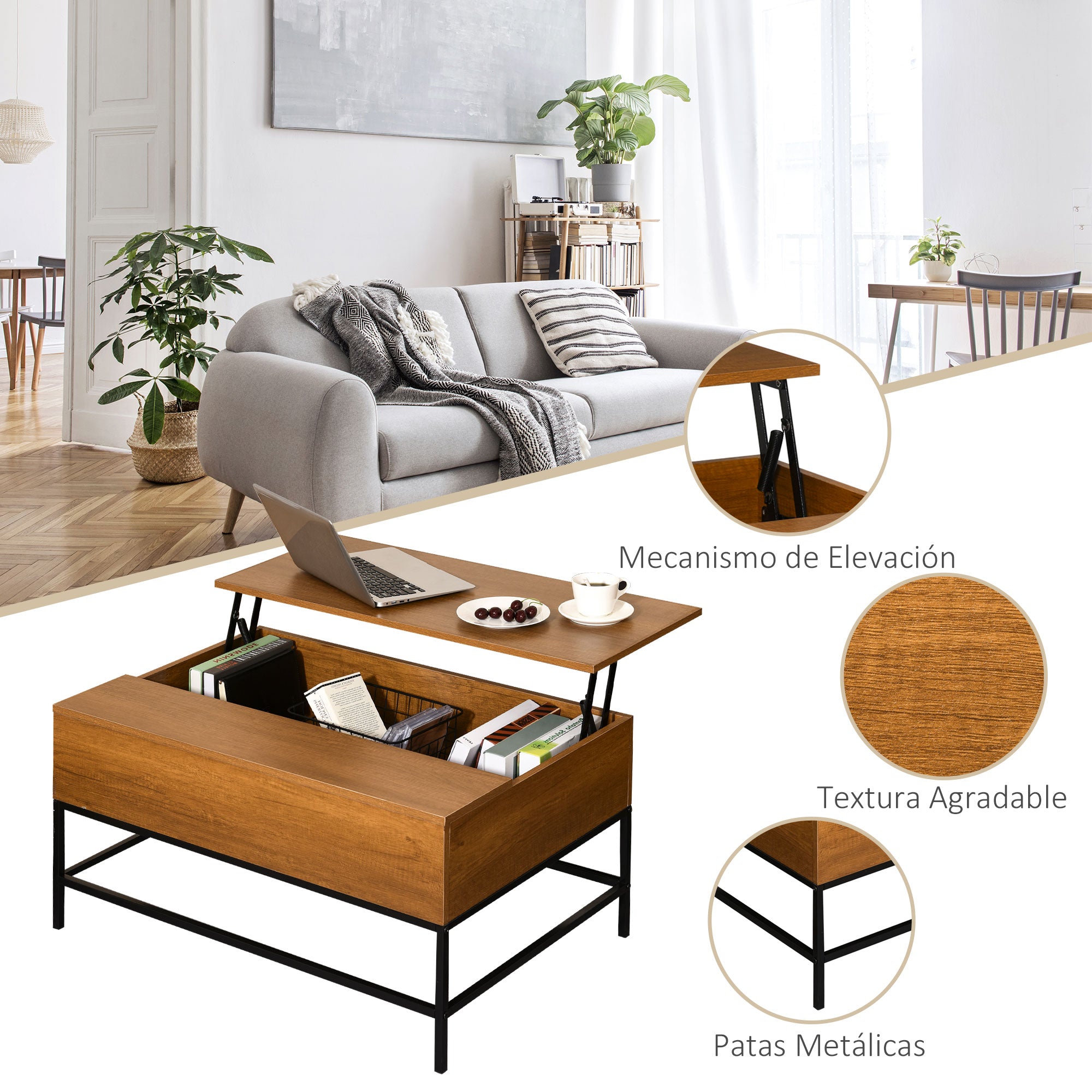 Mesa de Centro Elevável Teca 90x60,5x45,5cm