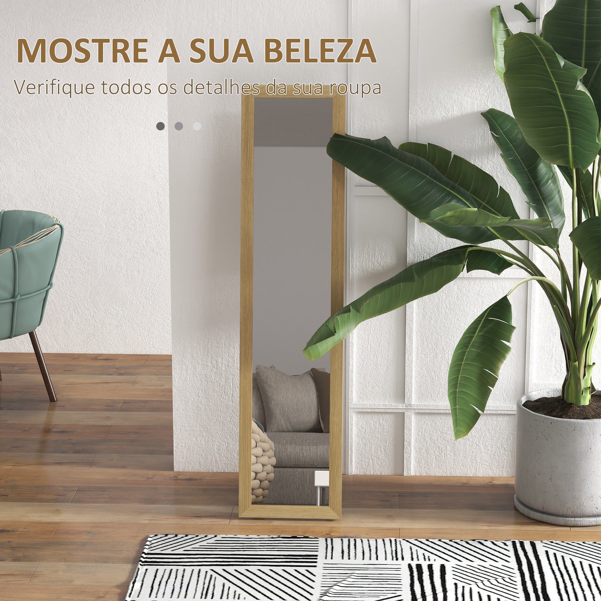 Espelho de Corpo Inteiro – 37x155 cm – Cor de Madeira Natural – MDF e Vidro