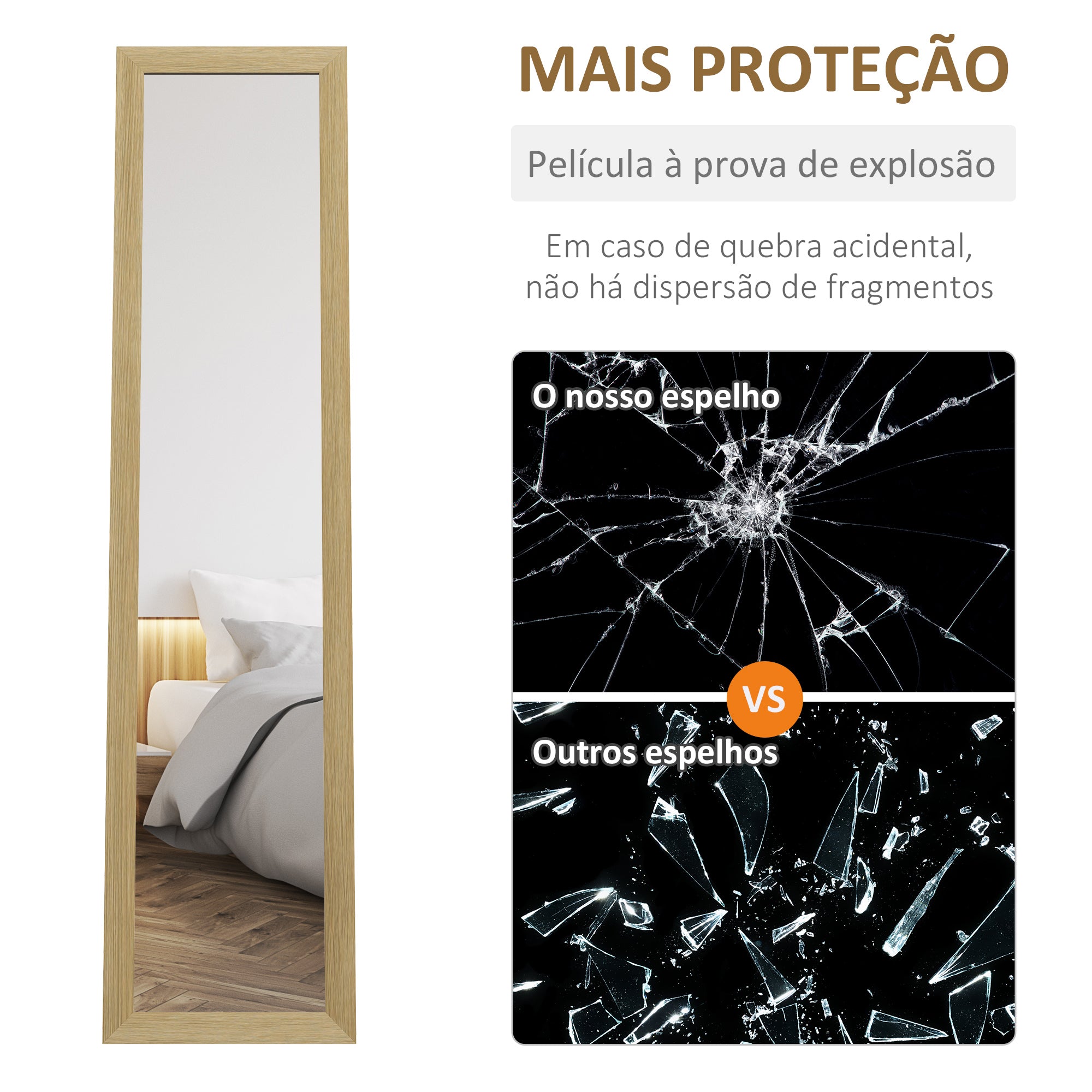 Espelho de Corpo Inteiro – 37x155 cm – Cor de Madeira Natural – MDF e Vidro