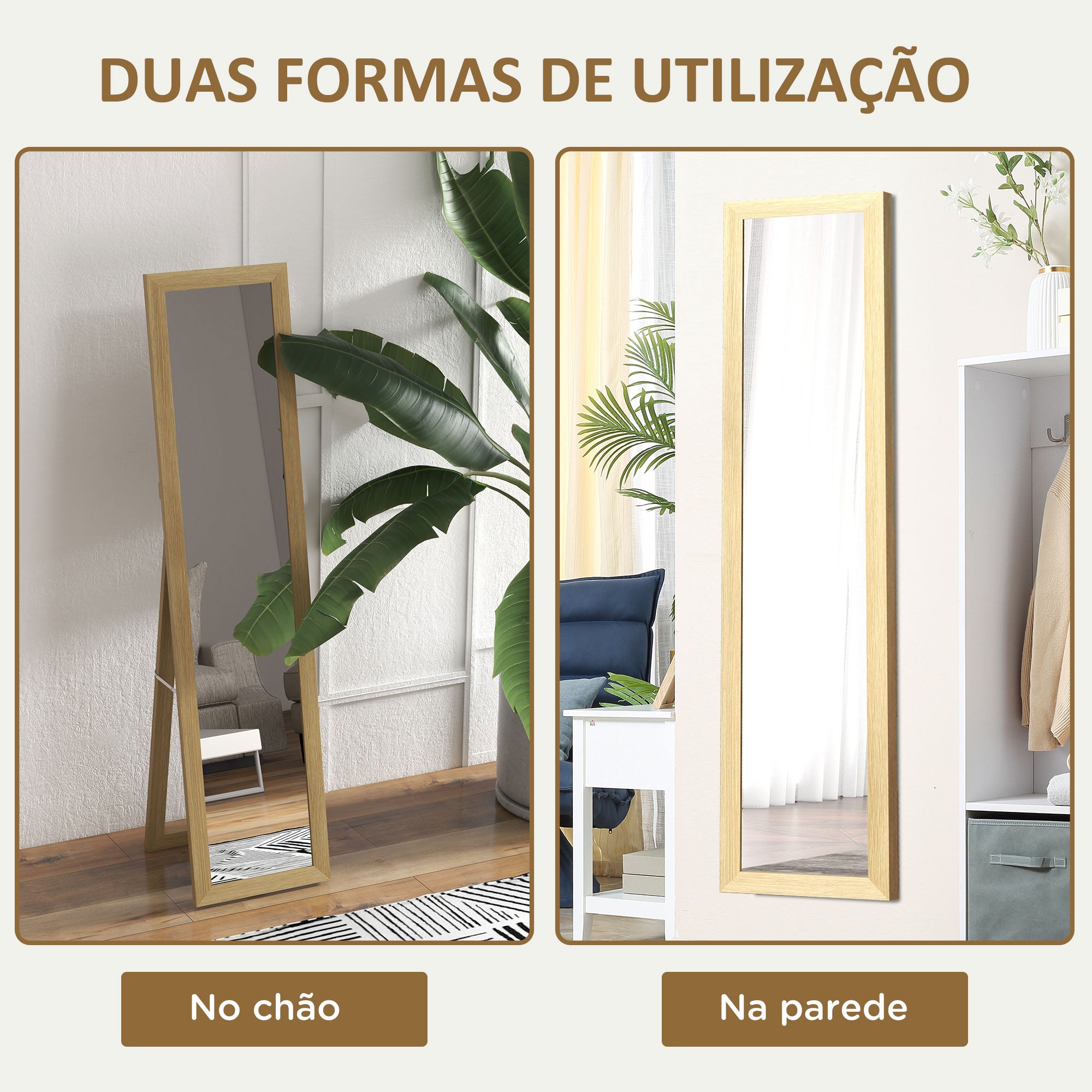 Espelho de Corpo Inteiro – 37x155 cm – Cor de Madeira Natural – MDF e Vidro