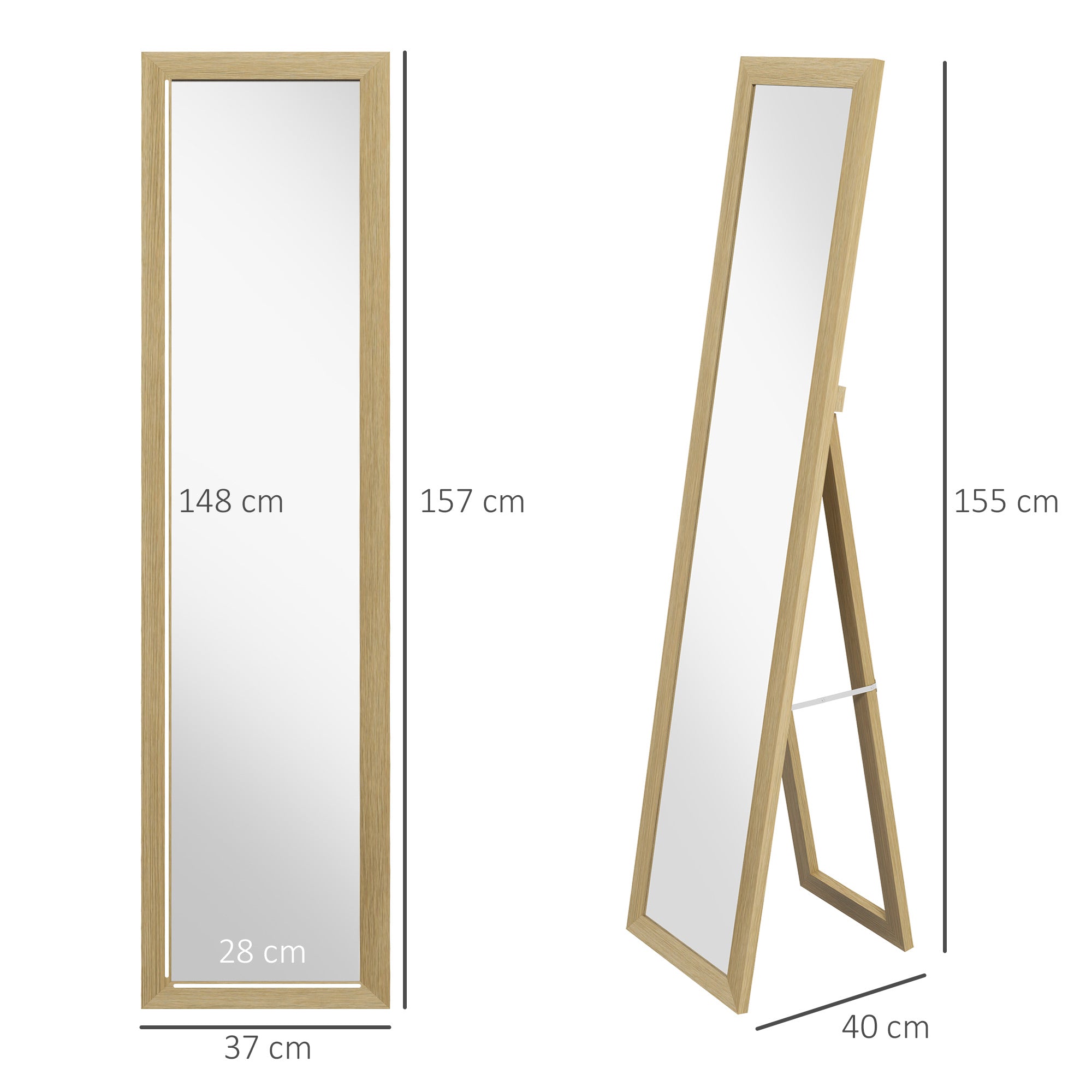 Espelho de Corpo Inteiro – 37x155 cm – Cor de Madeira Natural – MDF e Vidro