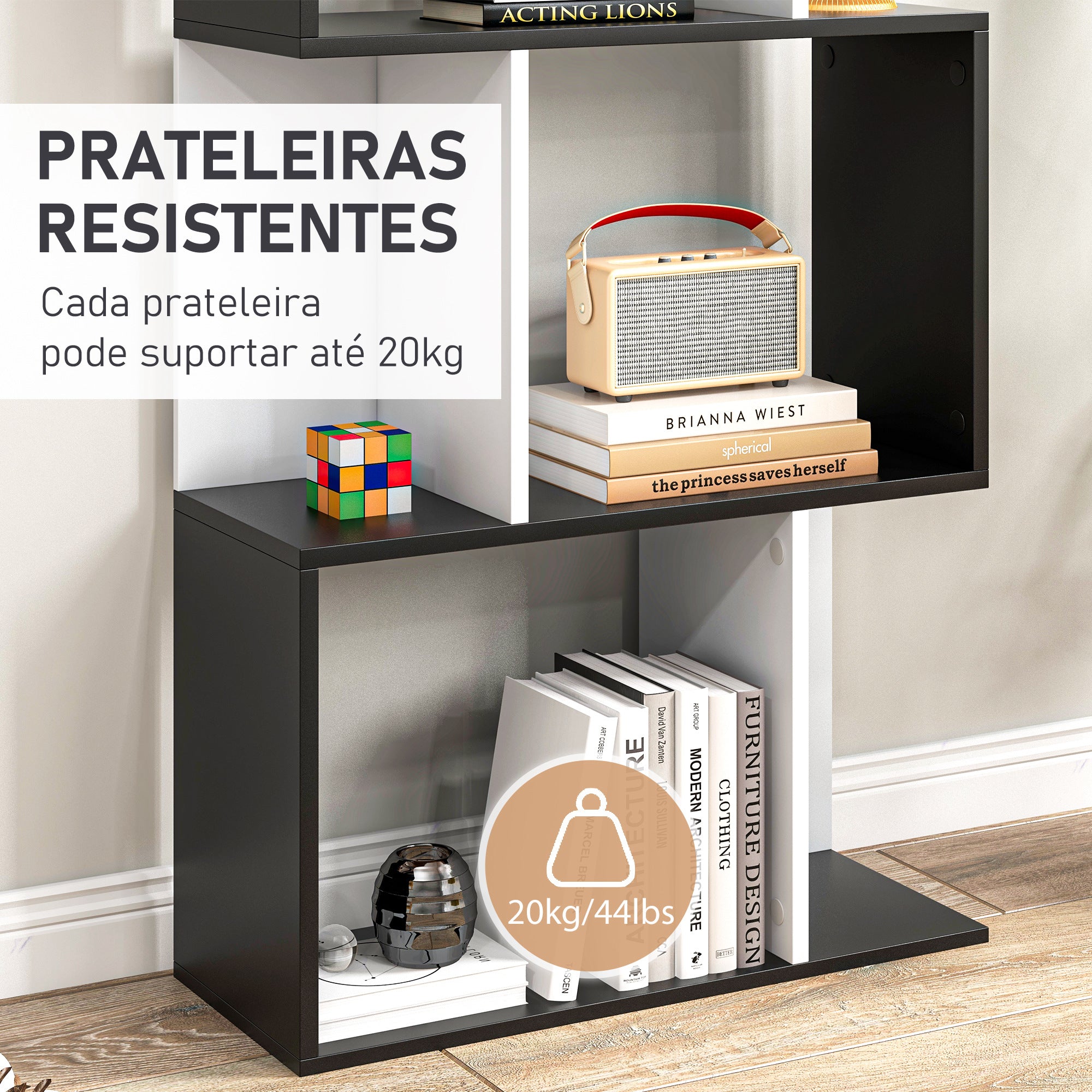 Estante Alta de Parede – 60x24x184,5 cm – Branco e Preto – Aglomerado de madeira